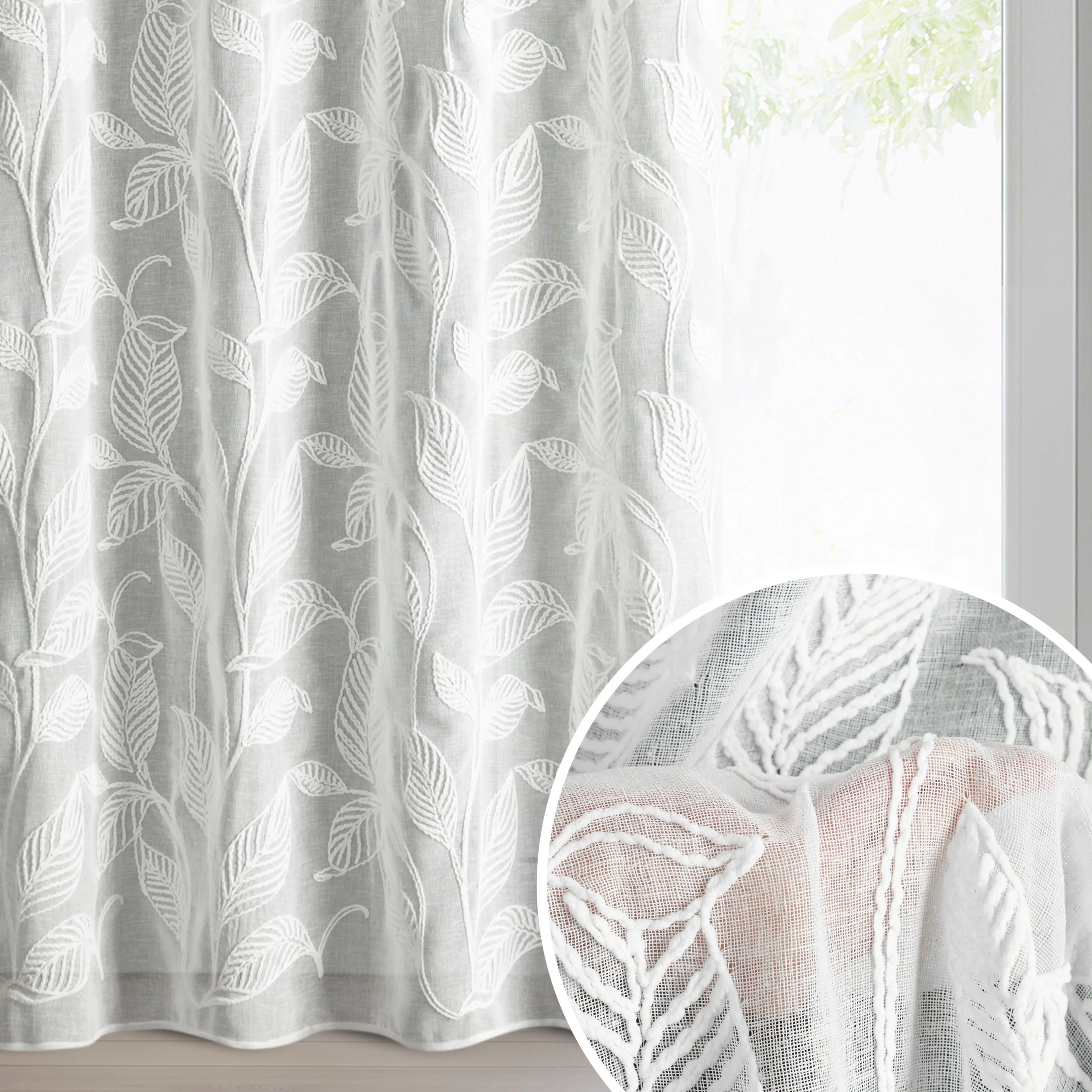 Zasłona biała z tkaniny o naturalnym wyglądzie zdobiona szenilowym haftem 140x250 cm przelotki - HOLI | eurofirany