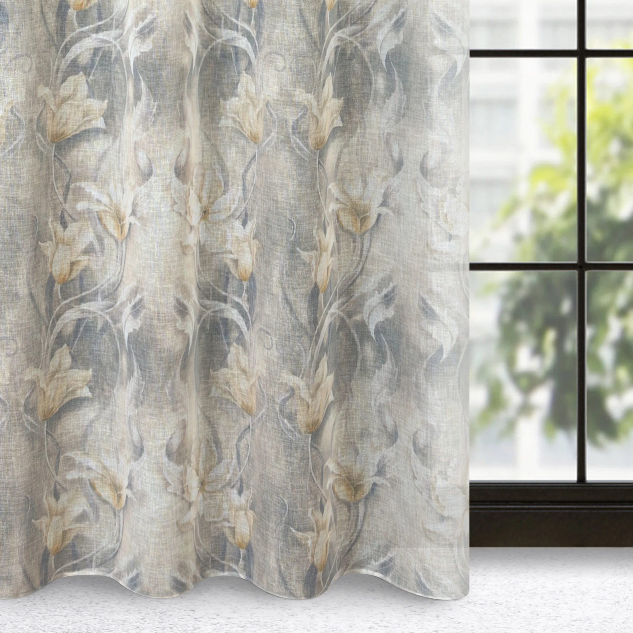 Zasłona popielato, beżowa z kwiatowym nadrukiem, półprzeźroczysta z etaminy w stylu eko 140x250 cm przelotka - OLA | eurofirany