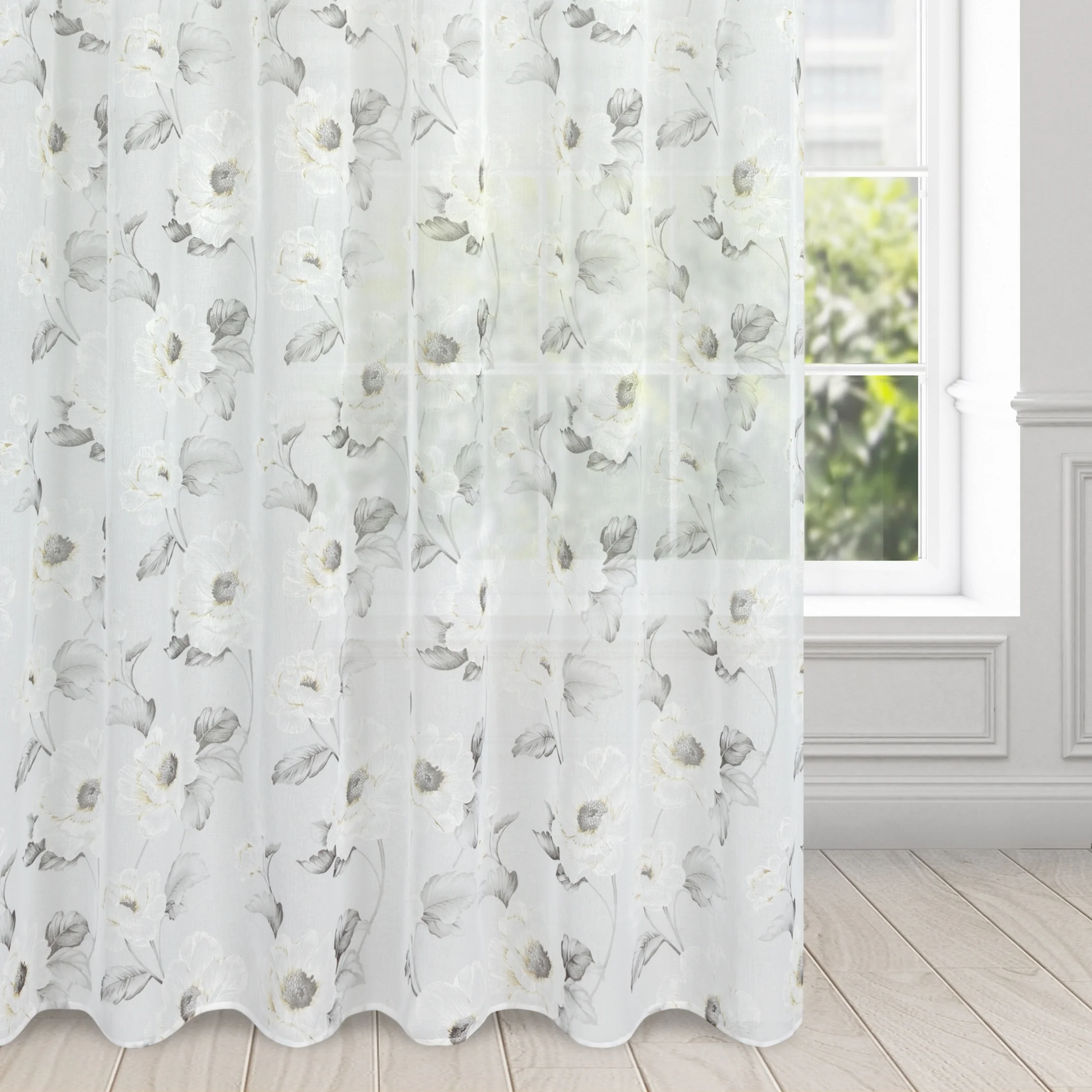 Firana biało, oliwkowa z matowej etaminy z kwiatowym motywem 350x250 cm przelotka BESSY | eurofirany