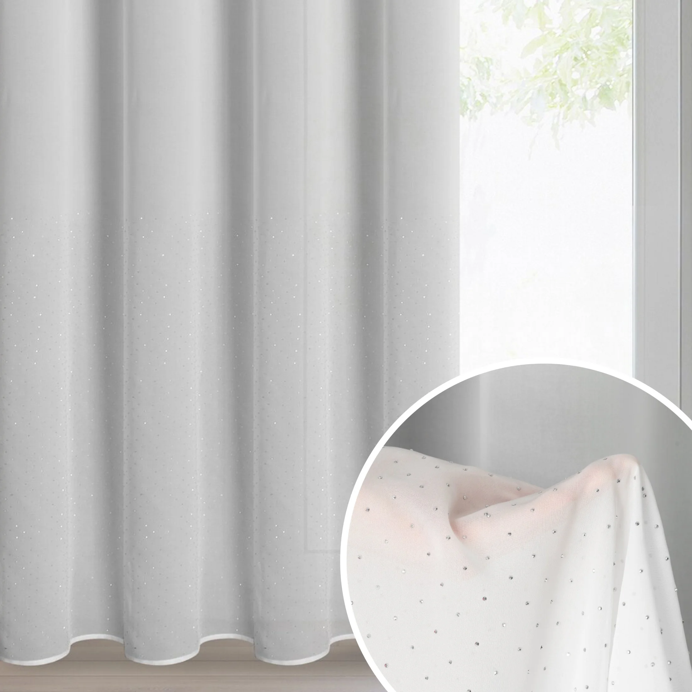 Firana biała z tkaniny szyfonowej zdobiona w dolnej części lśniącymi diamencikami 140x250 cm przelotka ARIADNA | eurofirany
