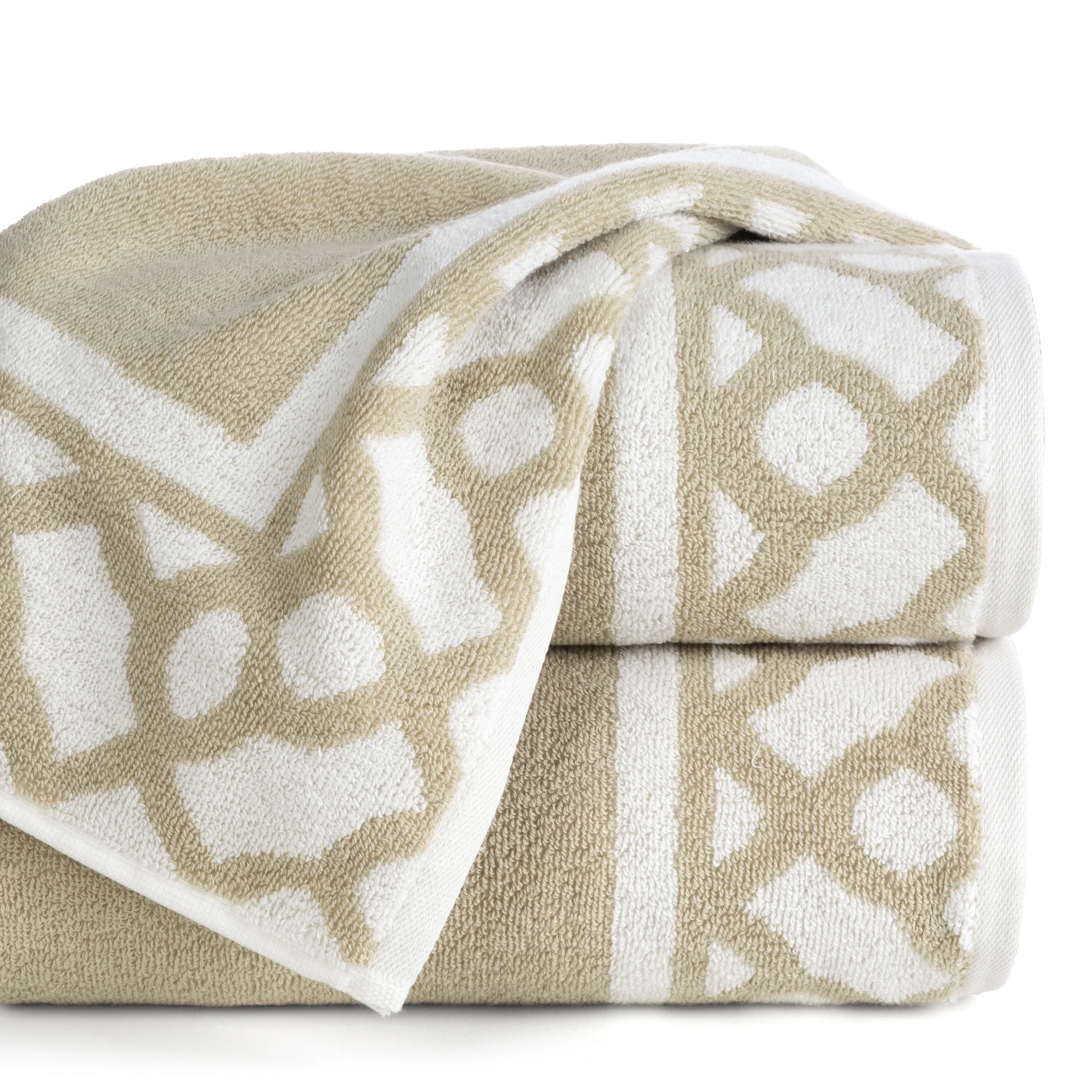 Ręcznik kąpielowy 50x90 cm bawełniany kolor jasnobeżowy zdobiony motywem geometrycznym KALANI