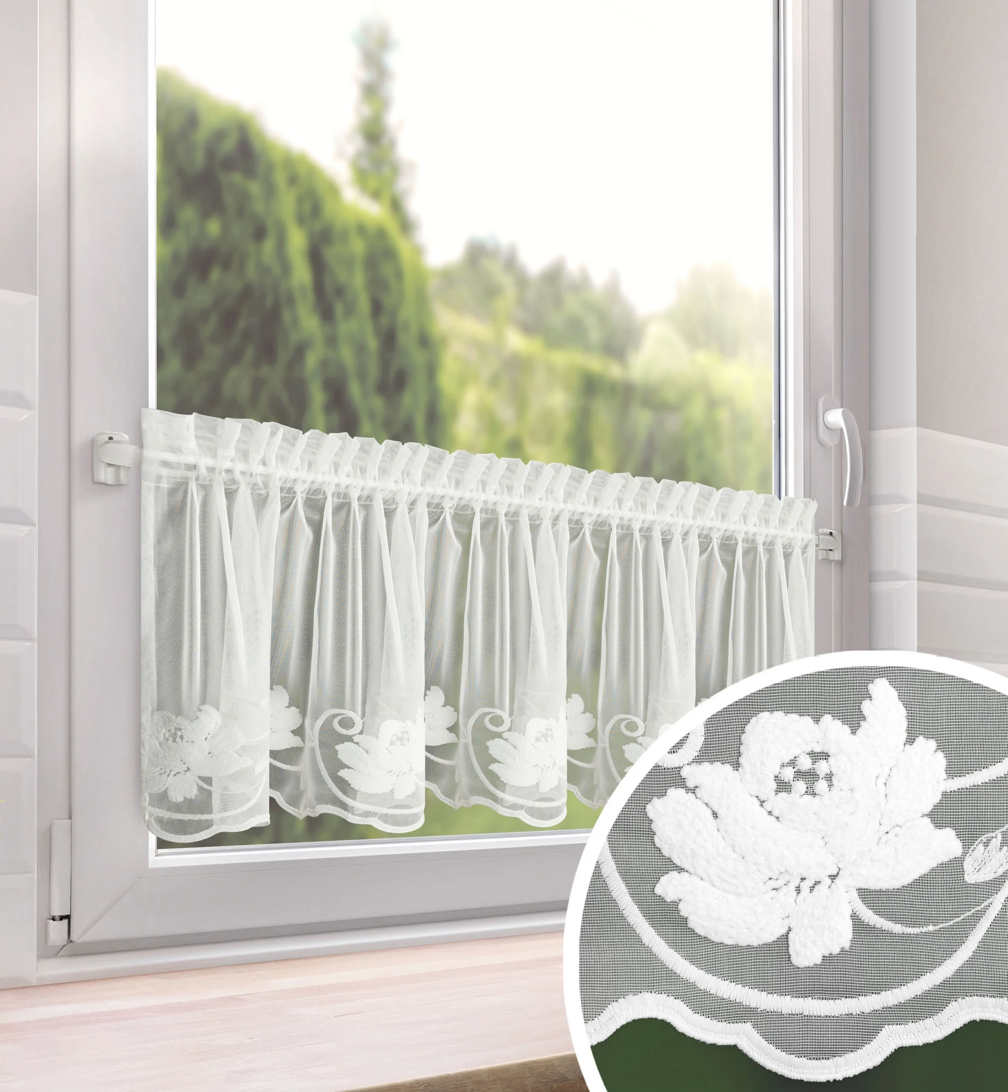 Zazdrostka biała z drobnej siateczki zdobiona subtelnym haftem 40x150 cm taśma - LETI