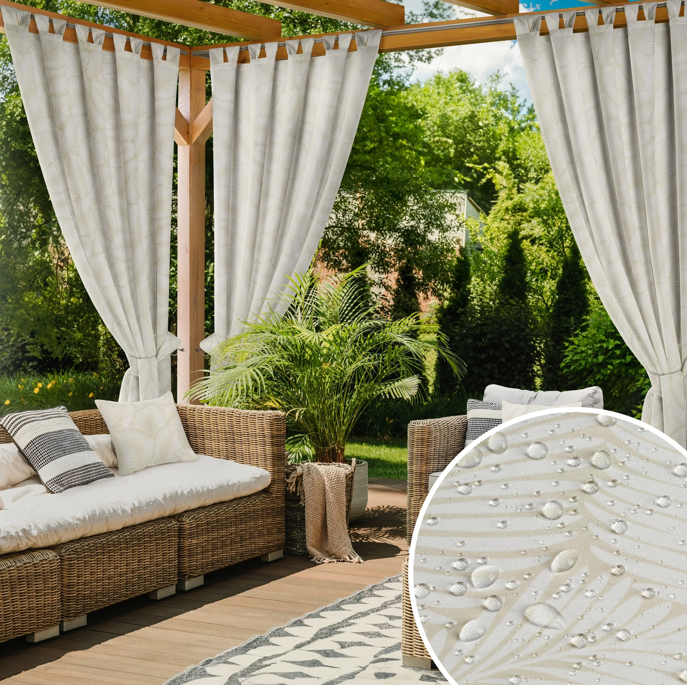 Zasłona biało, beżowa z wodoodpornej tkaniny idealna do ogrodu i na taras 155x240 cm szelki/rzep - GARDEN | eurofirany