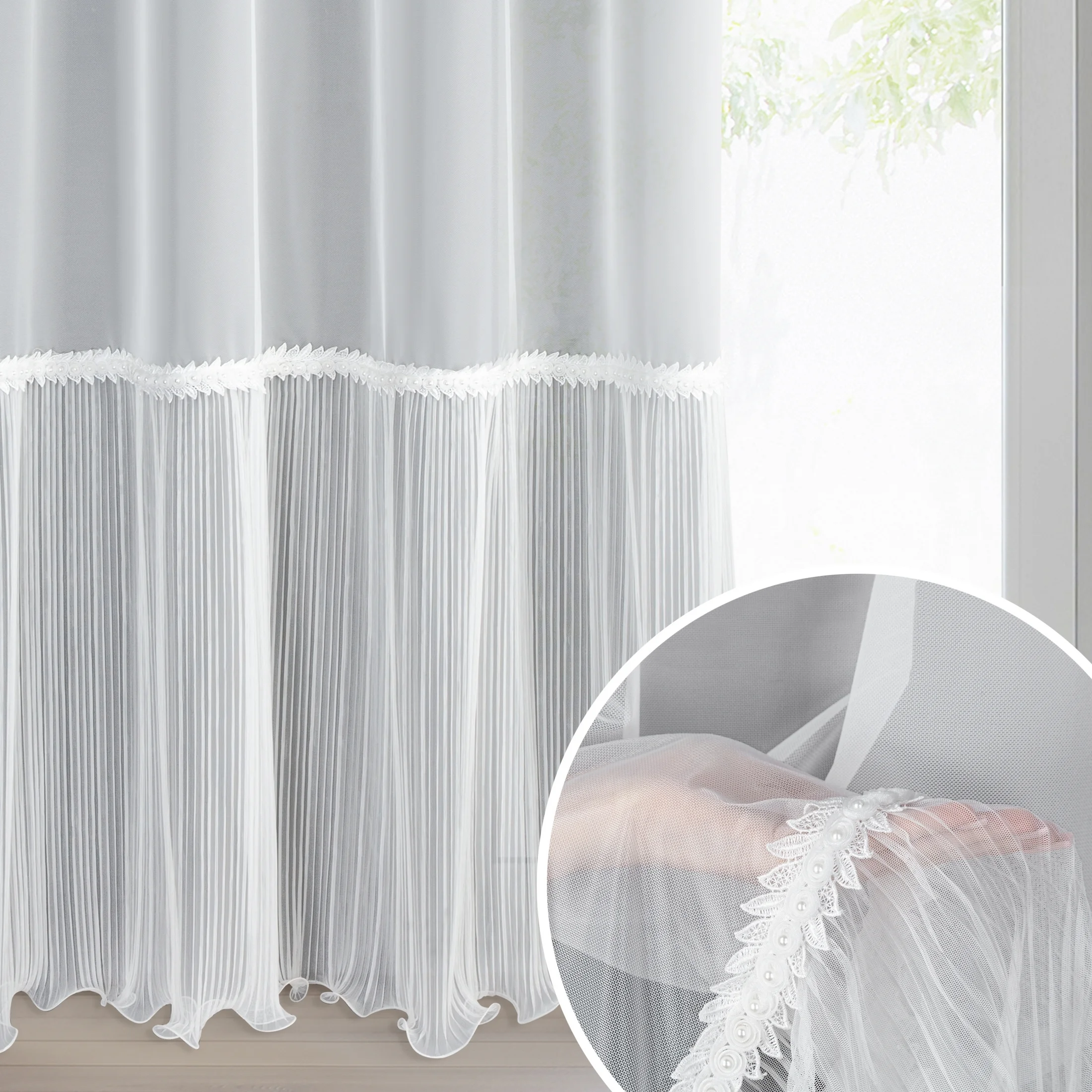 Firana biała z drobnej siateczki zdobiona plisowaniem i koronką 140x250 cm przelotka - HANA | eurofirany