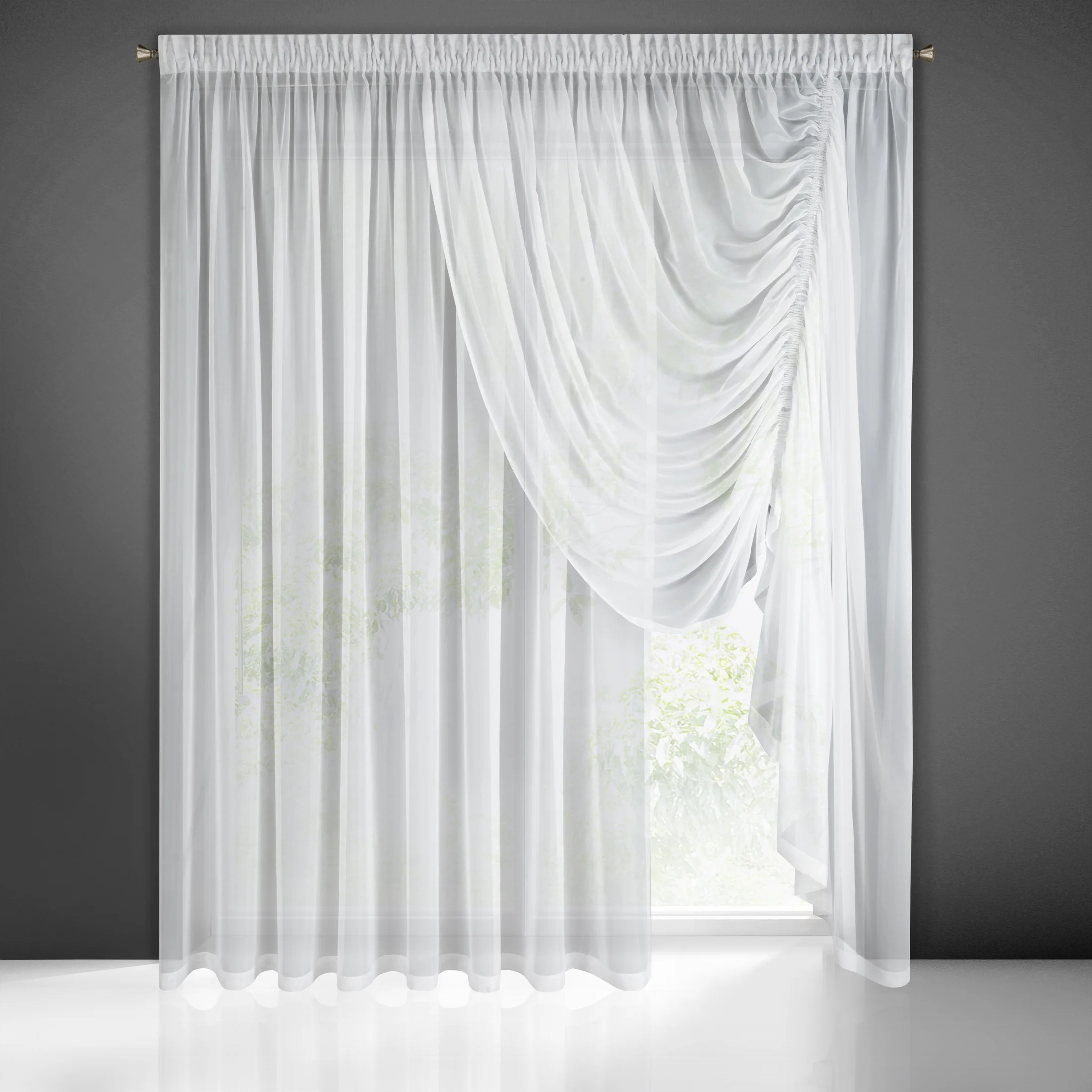 Firana biała na okno balkonowe z asymetrycznym podpięciem 500x250 cm taśma ANABEL | eurofirany