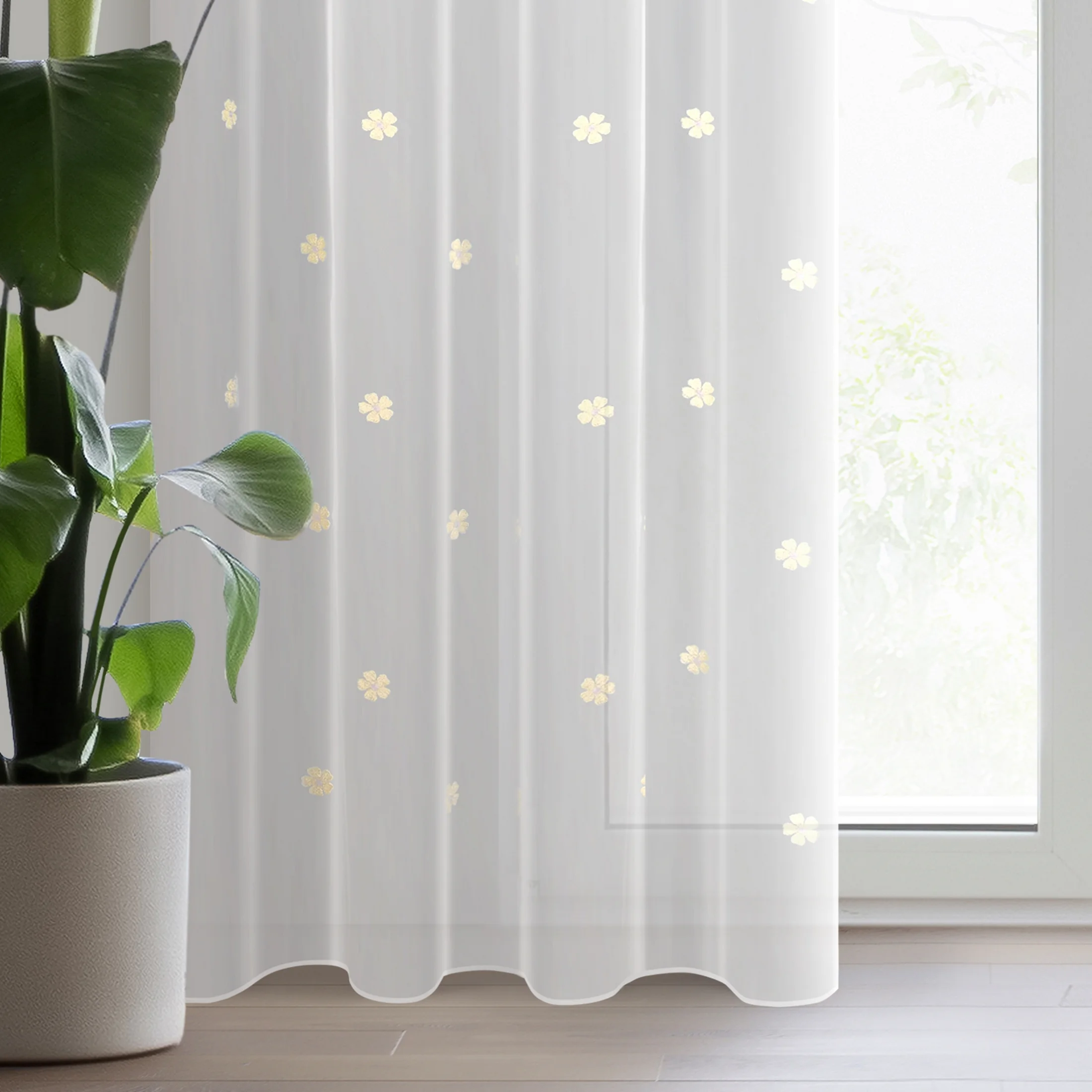 Firana biało, żółta z kwiatuszkami haftowanymi puszystą nicią 140x250 cm przelotka ELSA | eurofirany