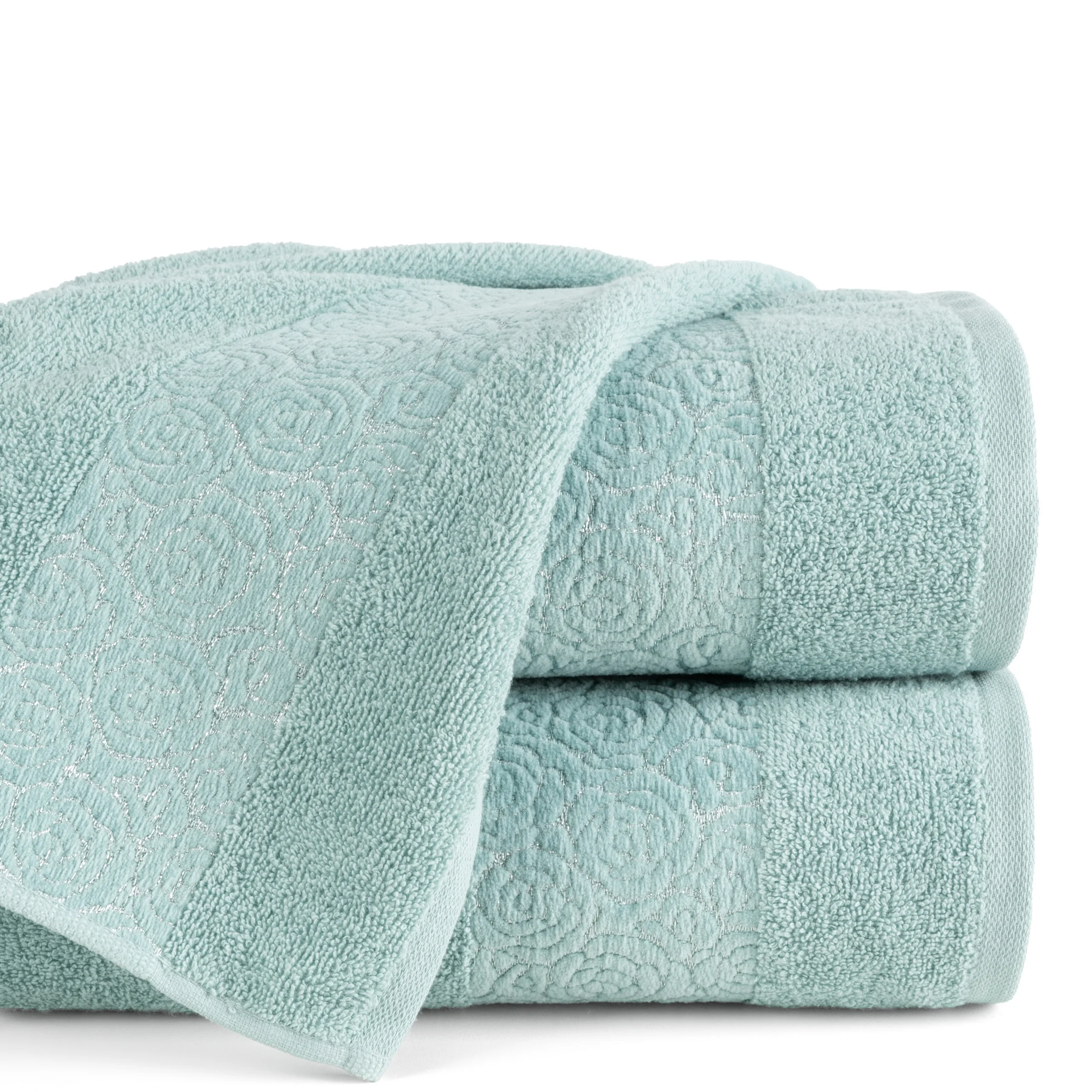 Ręcznik kąpielowy 50x90 cm bawełniany kolor miętowy zdobiony wytłaczanym motywem róż z dodatkiem błyszczącej nici IRIS