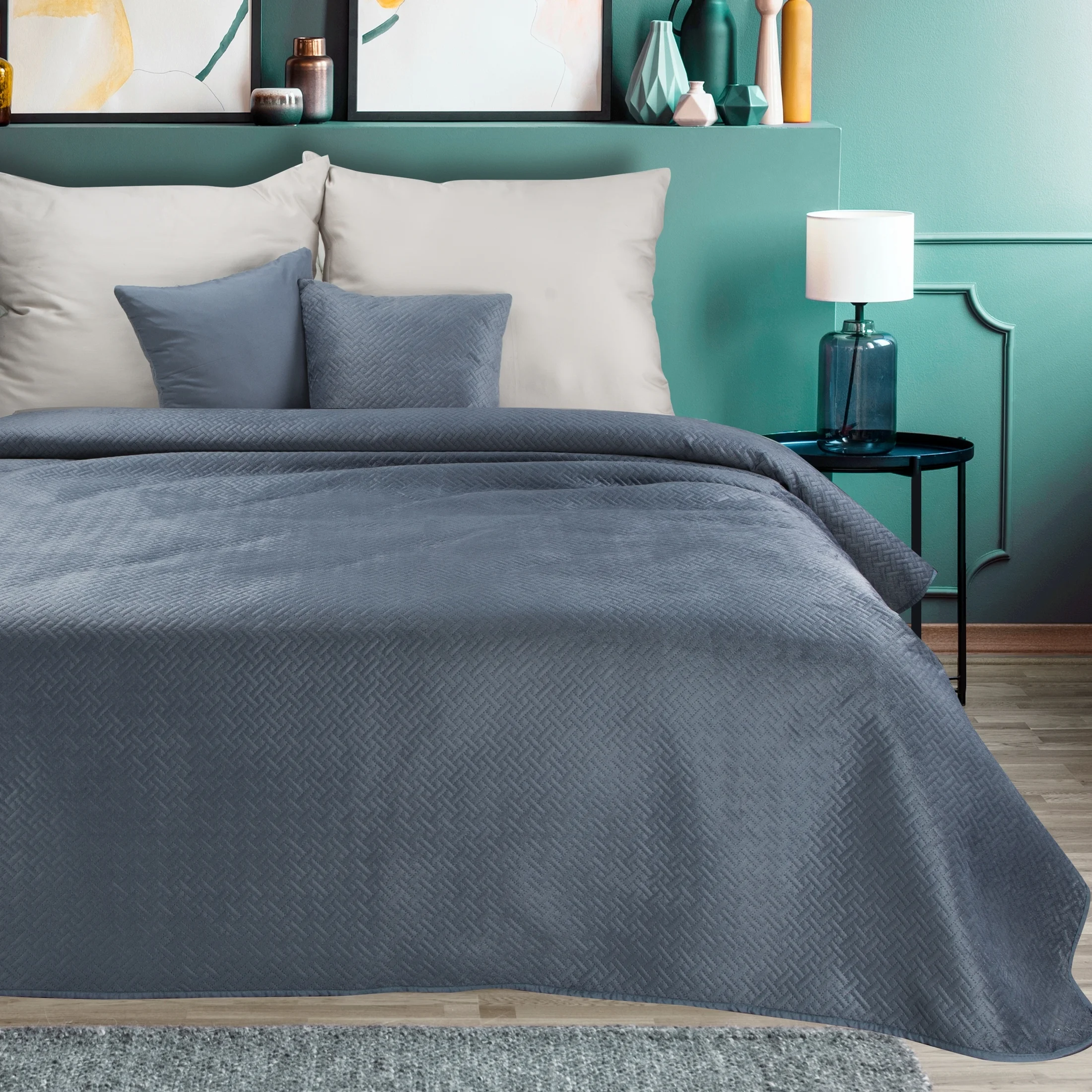 Narzuta welwetowa grafitowa 200x220 cm pikowana metodą hot press wzór geometryczny LUIZ | eurofirany