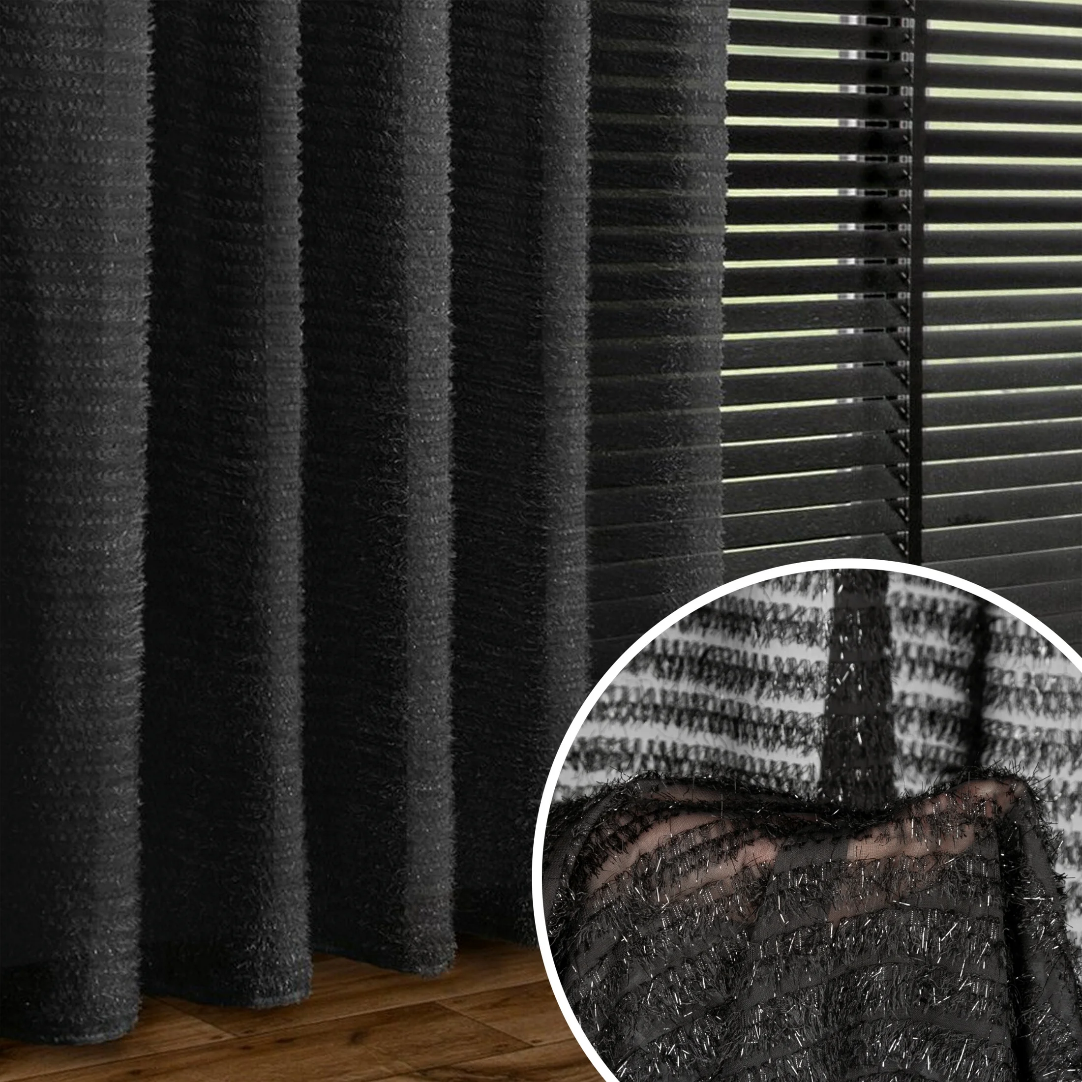Zasłona czarna zdobiona nicią szenilową z tkaniny szyfonowej 135x270 taśma - REINA - Eva Minge | eurofirany
