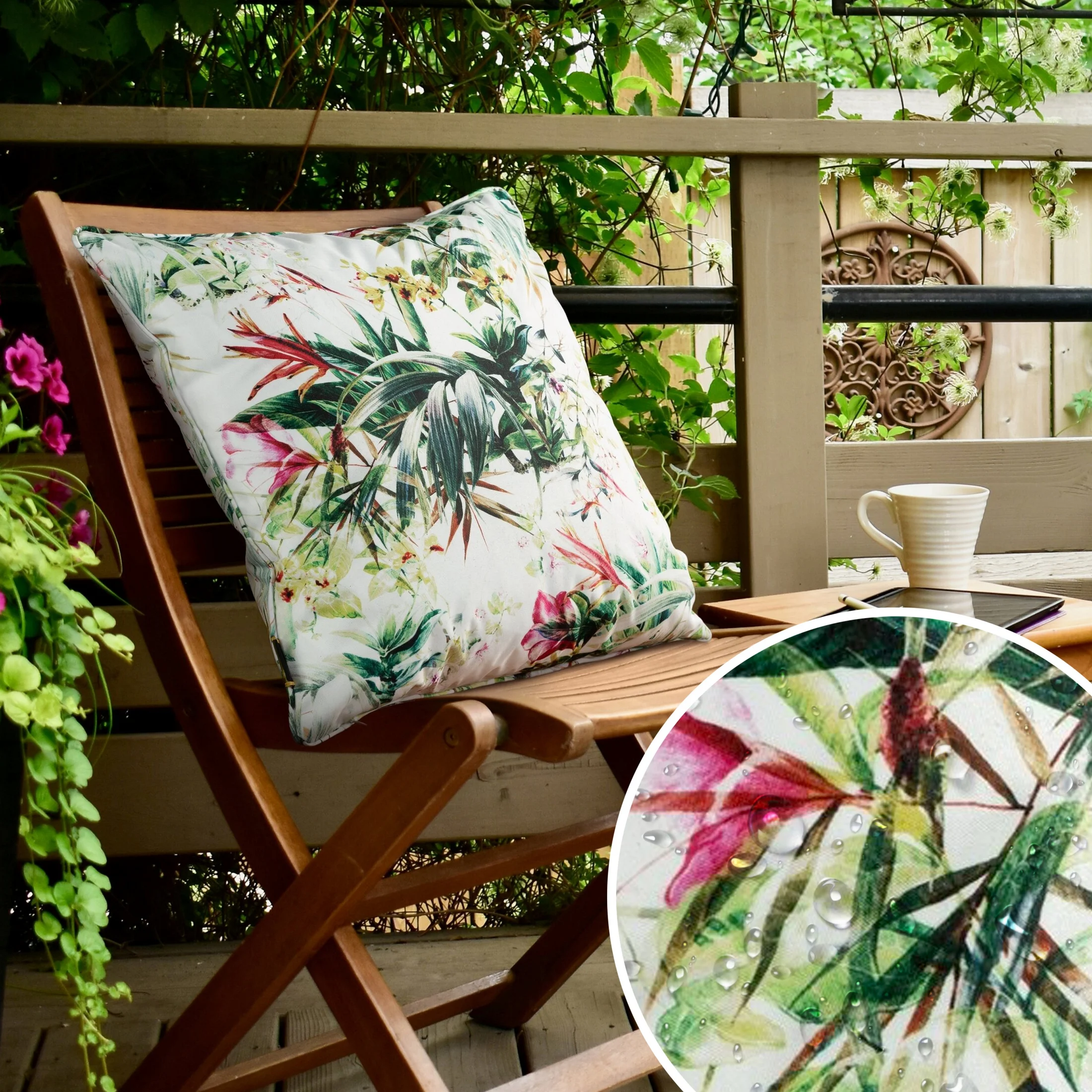 Poszewka na poduszkę 45x45 cm z tkaniny wodoodpornej biało, zielona idealna na taras oraz balkon zdobina wzorem kwiatowym GARDEN | eurofirany