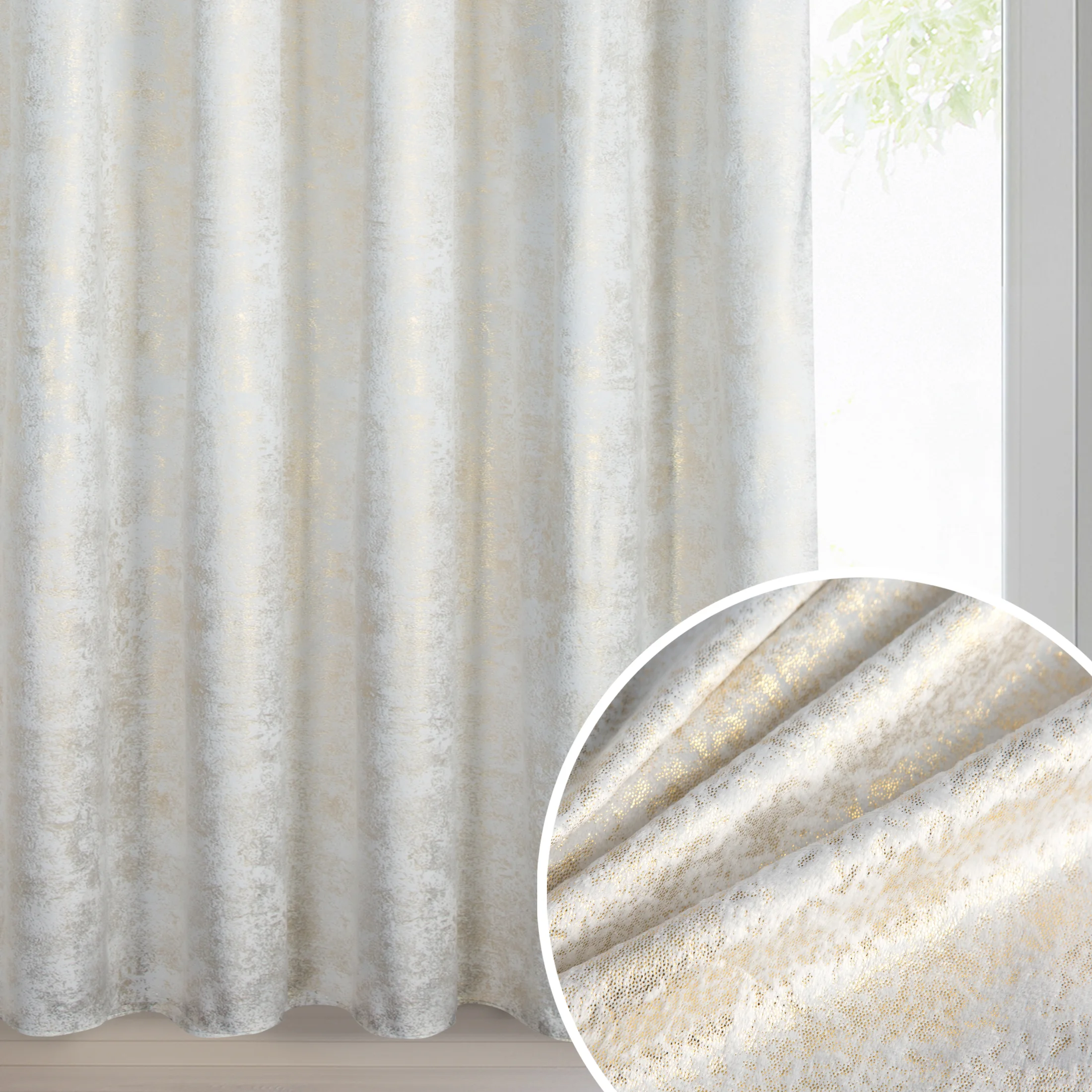 Zasłona biało, szampańska welwetowa z nakrapianym nadrukiem 135x270 cm taśma - AVENA | eurofirany