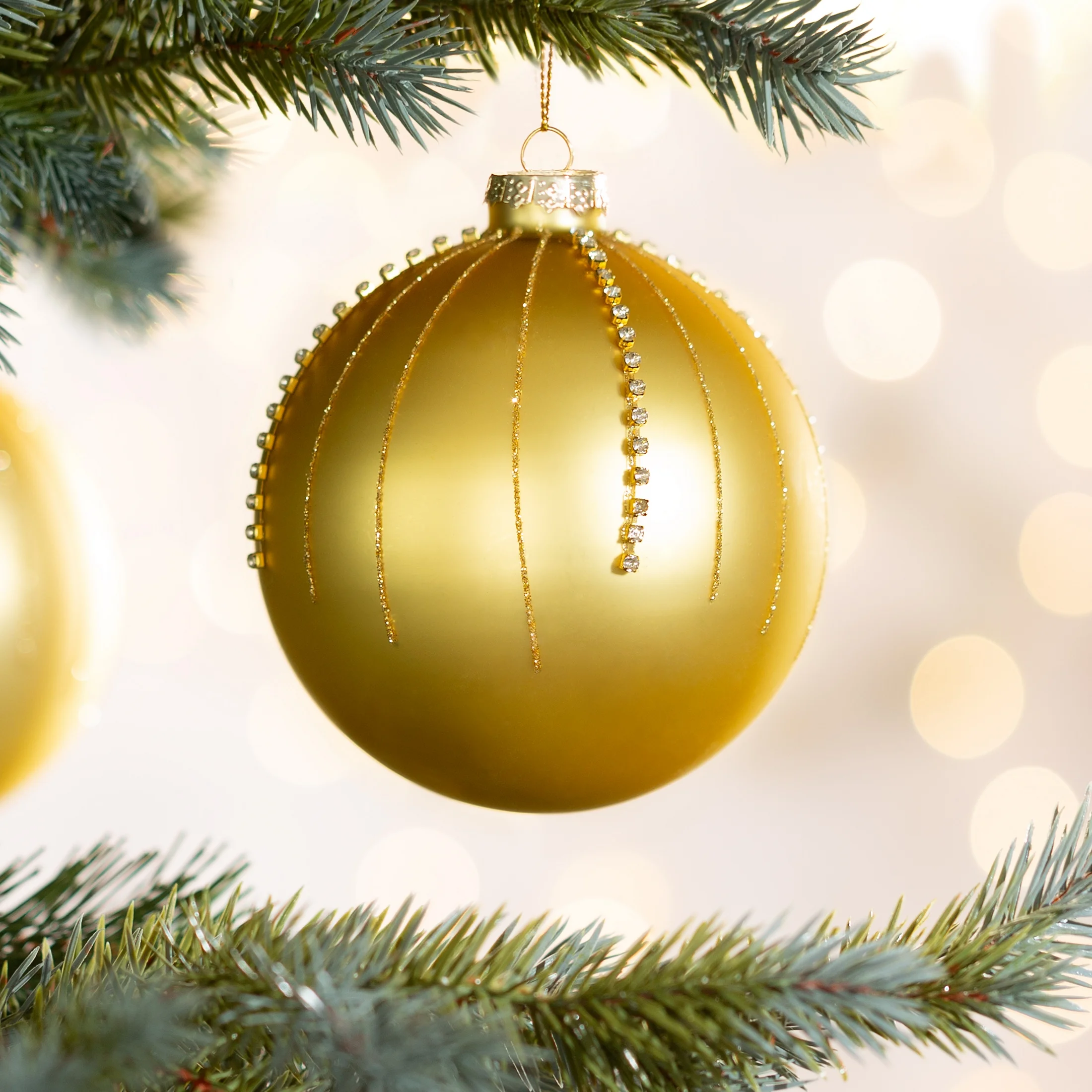 Bombka szklana ręcznie zdobiona złotym brokatem i kryształkami | eurofirany