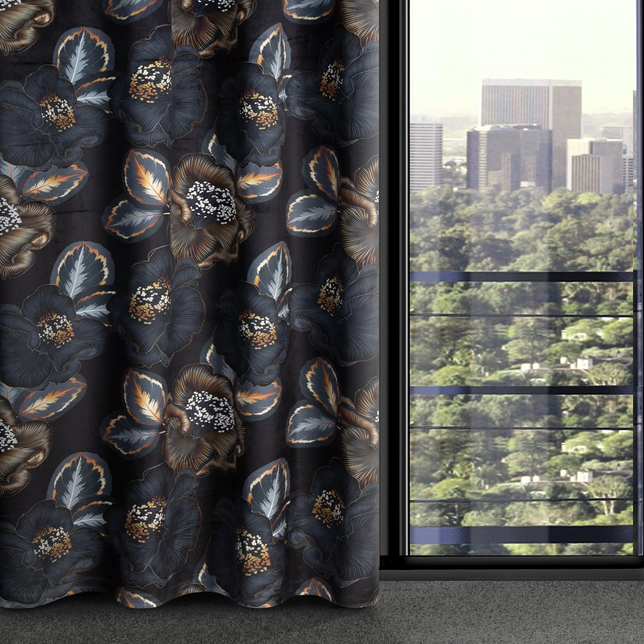 Zasłona czarno, popielata z tkaniny welwetowej 140x250 cm przelotka - PEONIA 2 - Limited Collection | eurofirany