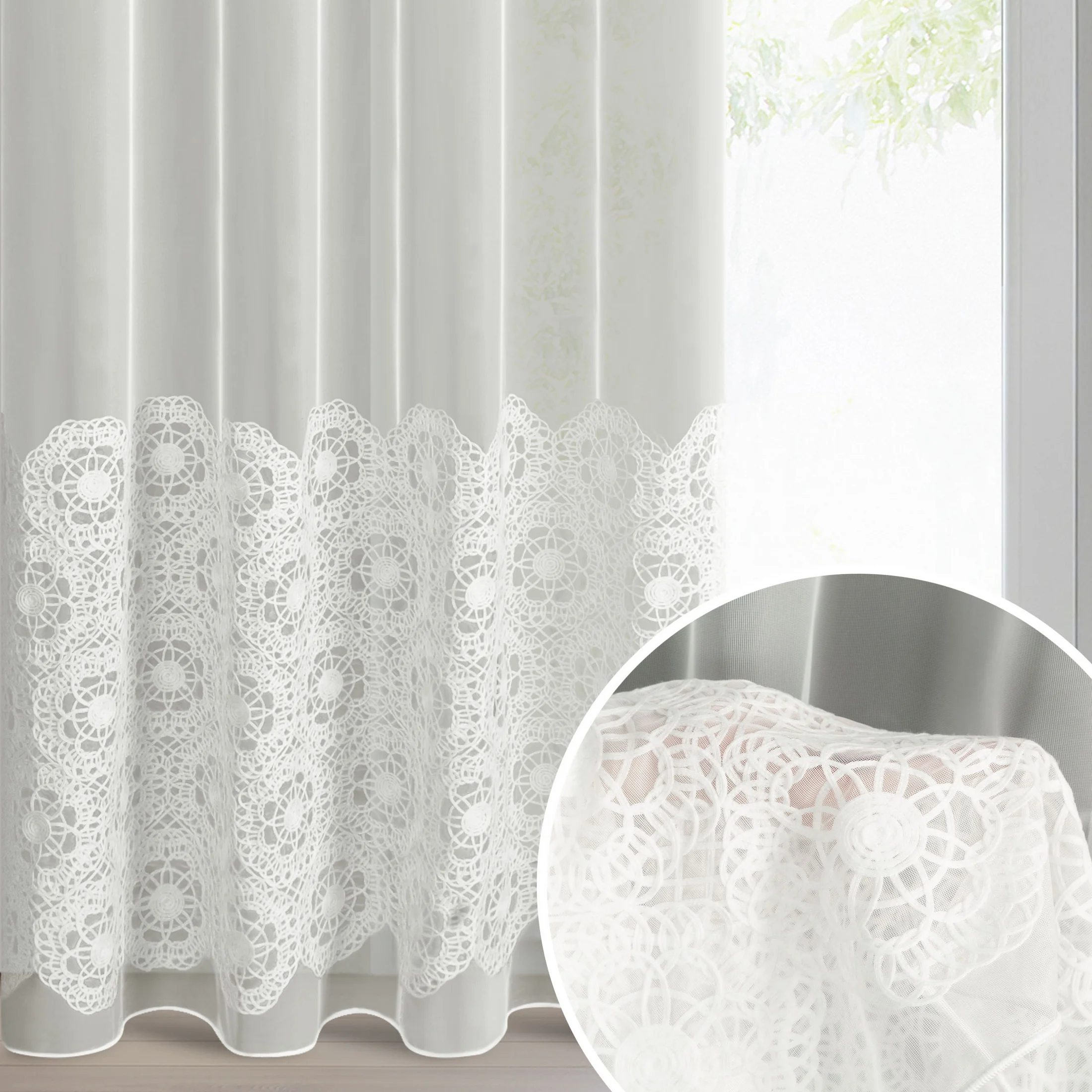 Firana kolor naturalny z tkaniny typu peru zdobiona aplikacją 140x250 cm przelotka - LIZA | eurofirany