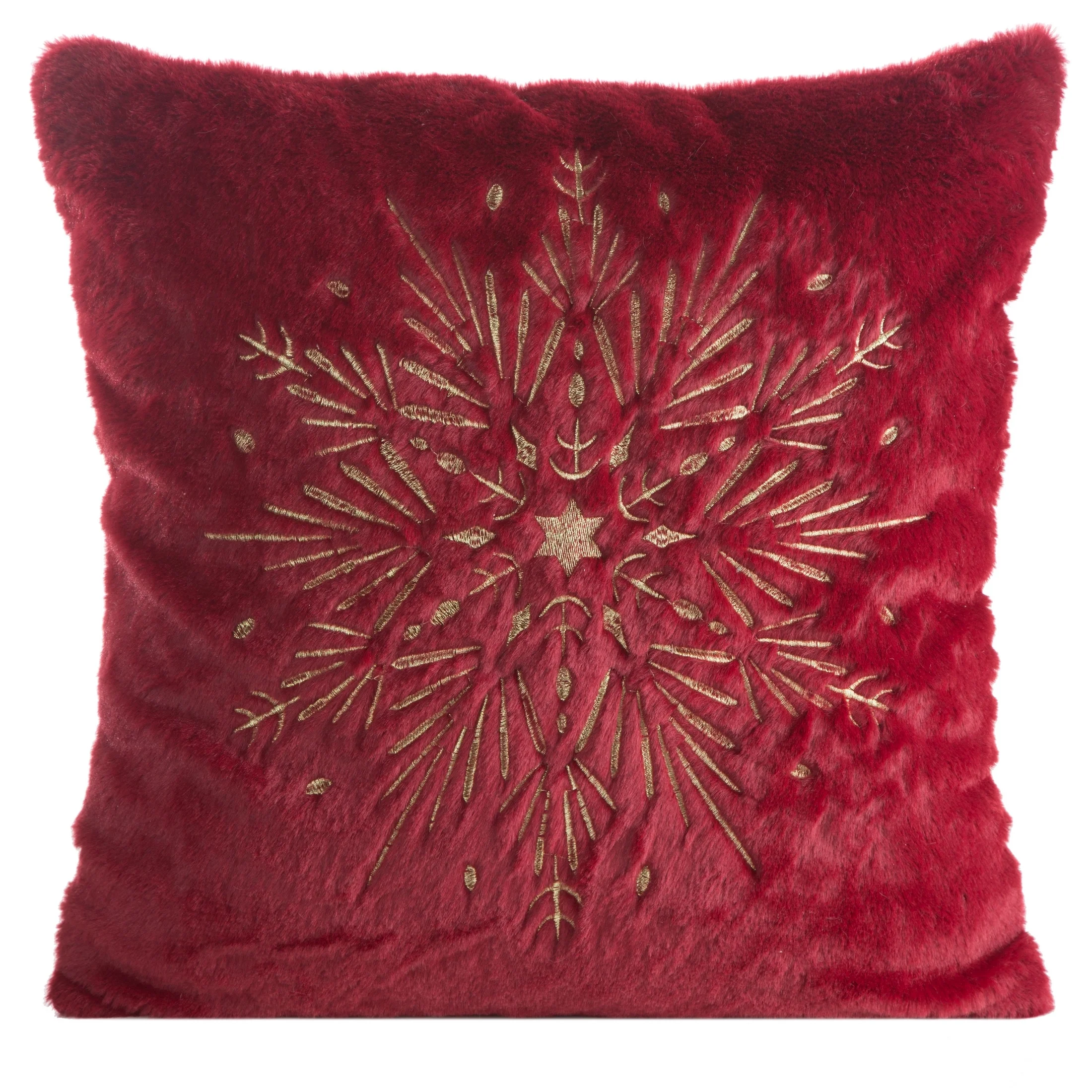 Poszewka na poduszkę świąteczna 45x45 cm bordowo, szampańska z przyjemnego futerka zdobiona haftem śnieżynki | eurofirany