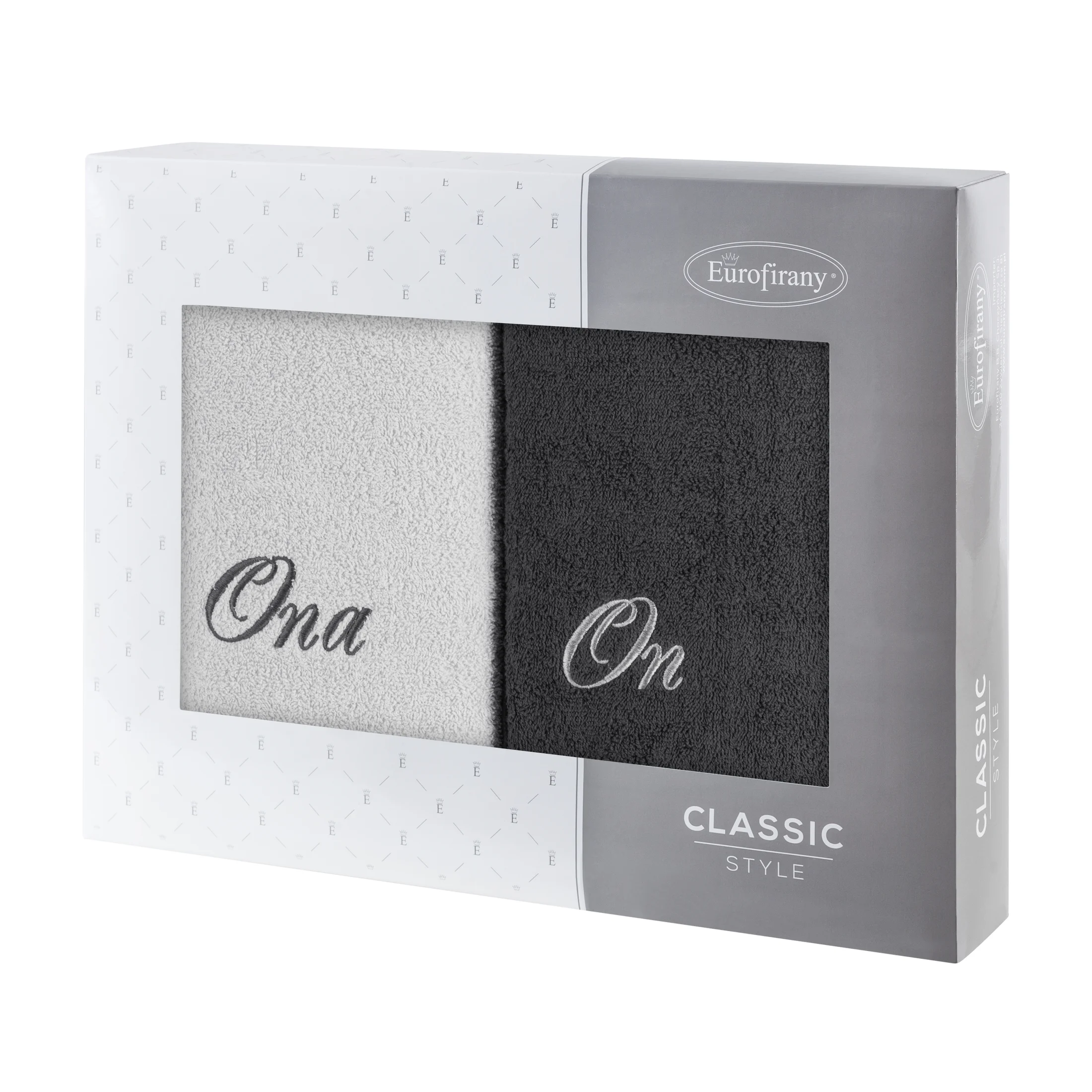 Zestaw ręczników bawełnianych na prezent 2 szt 70x140 cm z haftem ONA I ON kolor srebrny,stalowy 400 g/m2