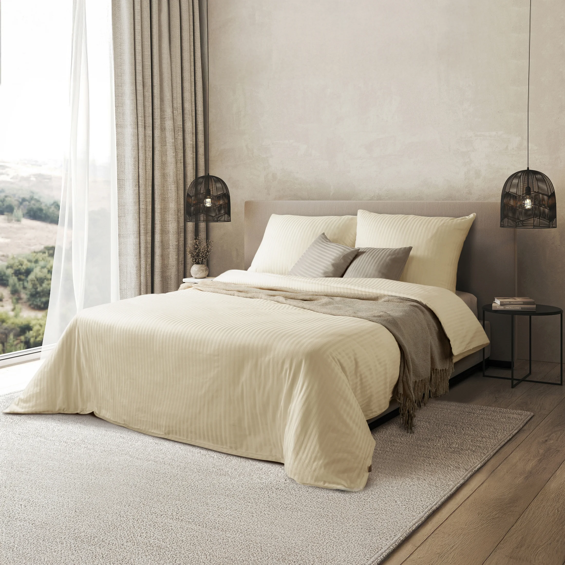 Pościel 220x200 cm satyna bawełniana kolor kremowy w drobne prążki VERA |