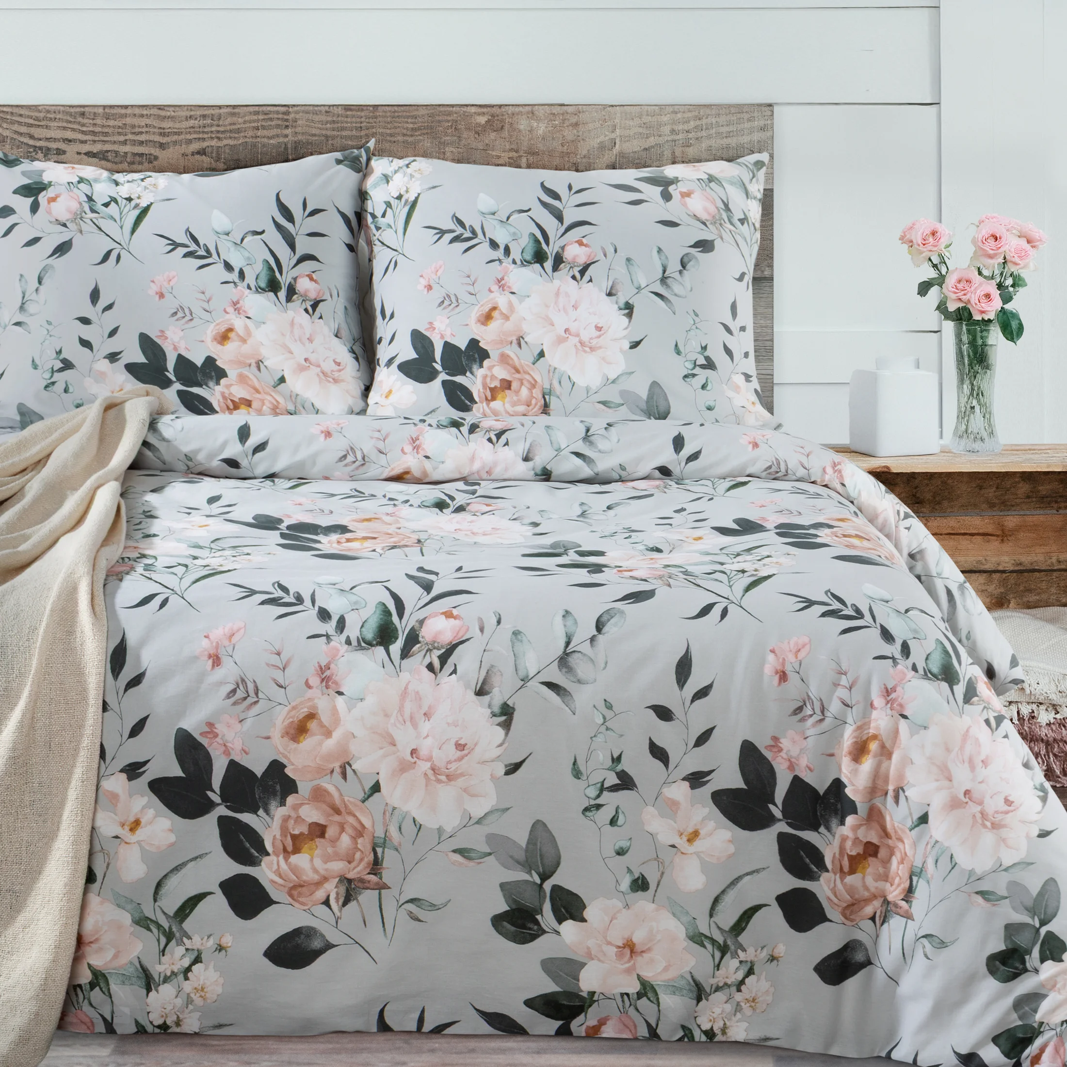 Pościel 140x200 cm bawełna ranforce kolor szary, stalowy z motywem kwiatów ROSITA | eurofirany