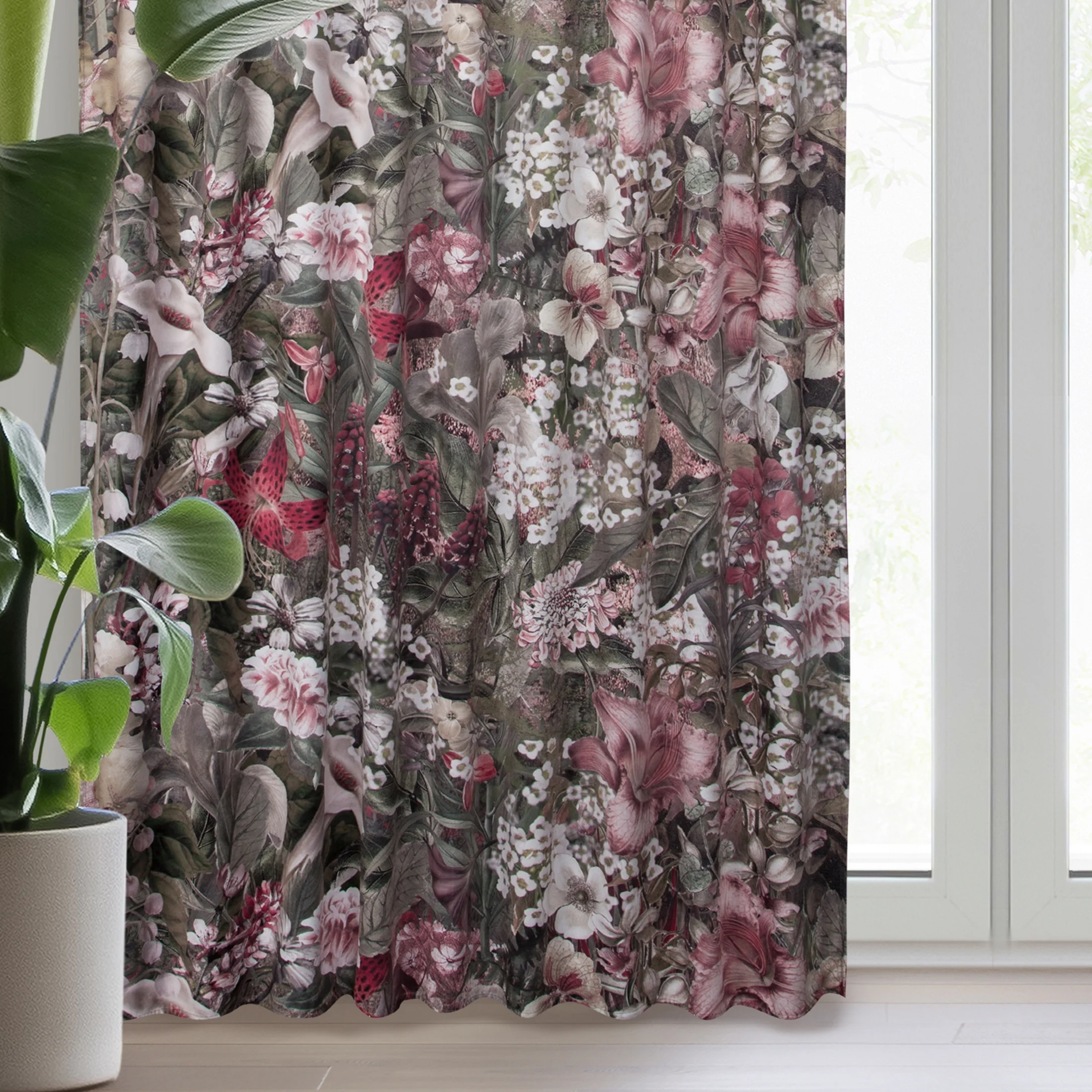 Zasłona welwetowa szarobeżowo, różowa z botanicznym wzorem i efektem 3D 140x270 cm taśma /szelki - GLORY | eurofirany