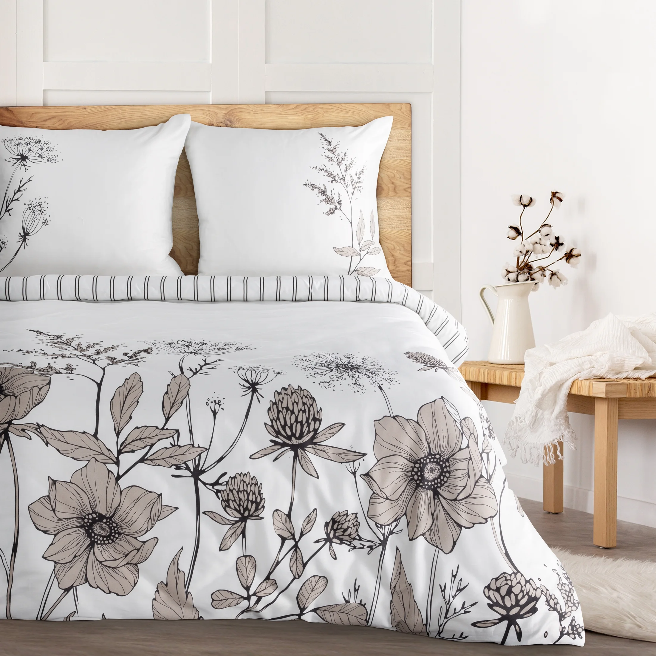 Pościel 220x200 cm bawełniana kolor biały, beżowy z motywem roślinnym AGNES Eurofirany Premium | eurofirany