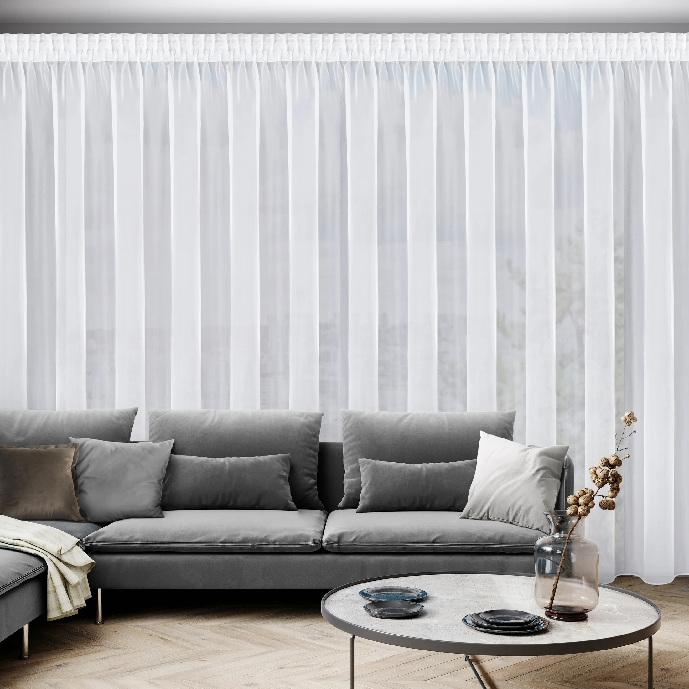 Firana biała z gładkiego mlecznego woalu wykończona szwem obciążającym VIOLET 400x265 cm taśma