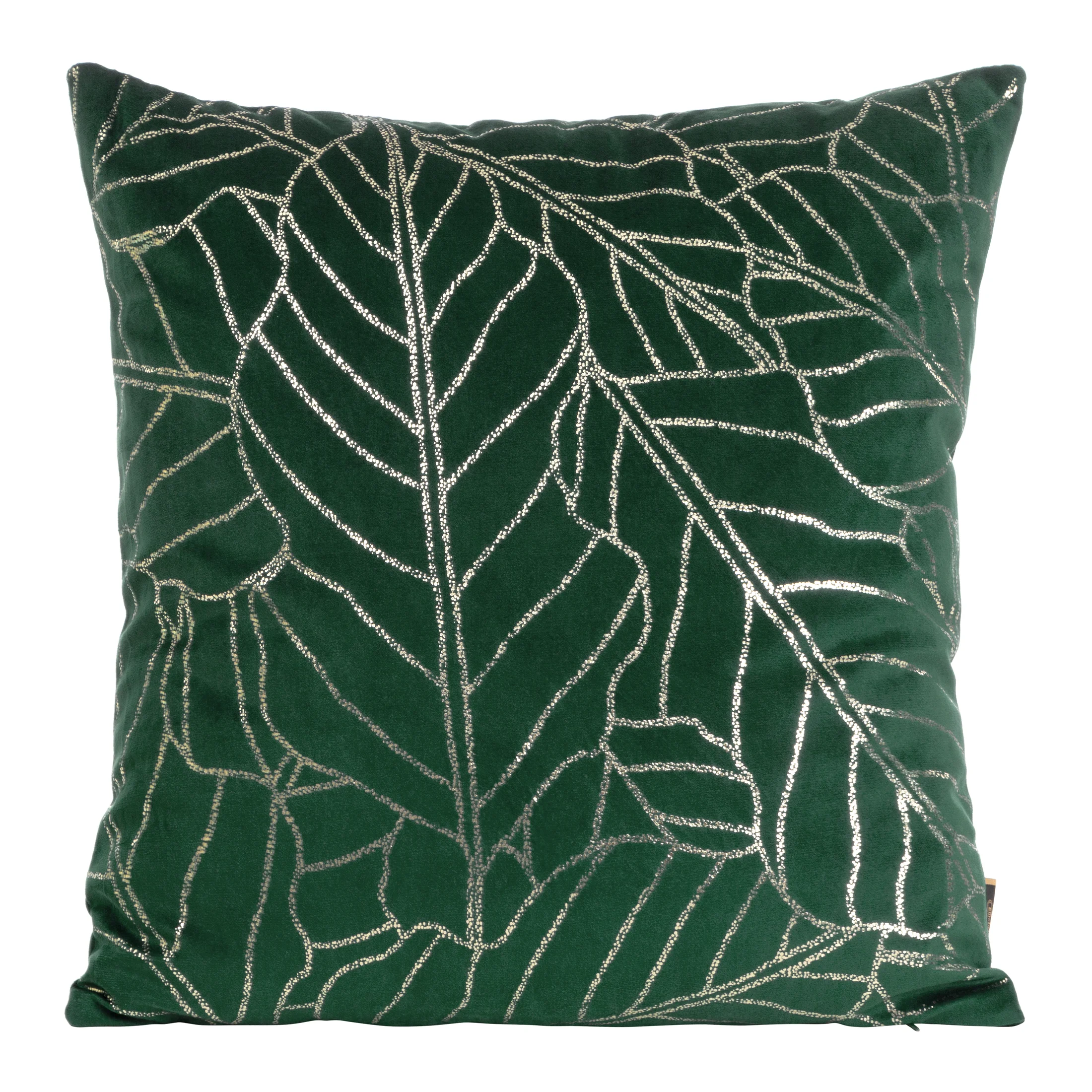 Poszewka na poduszkę 45x45 cm welwetowa ciemnozielona z nadrukiem błyszczących liści BLINK 32 | eurofirany