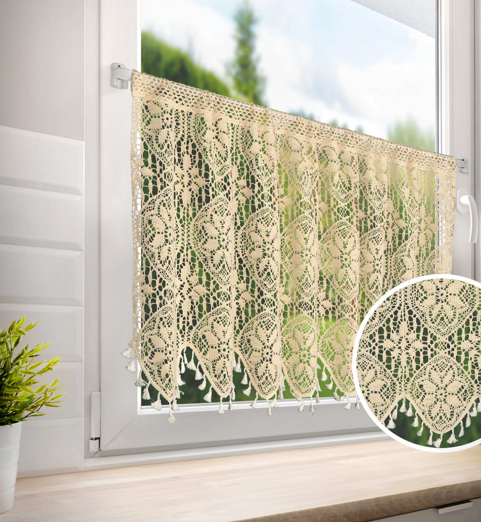 Zazdrostka jansobeżowa ażurowa w stylu boho zdobiona subtelnymi frędzelkami 150x60 cm tunel MOLY