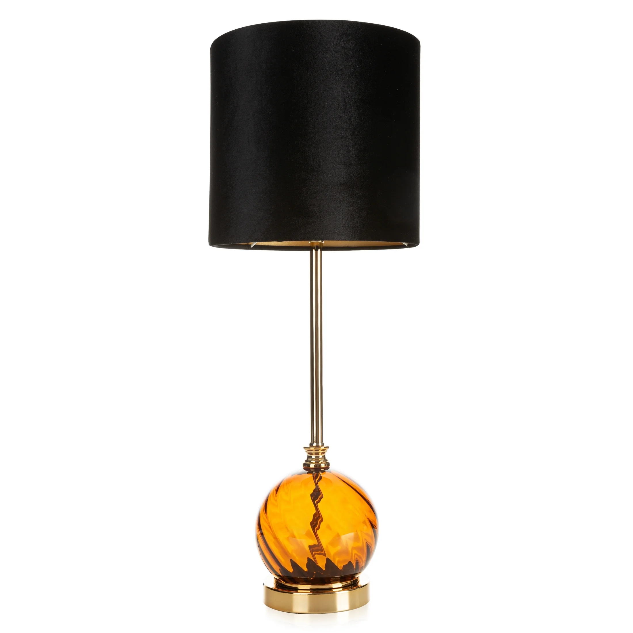 Lampa stołowa do salonu czarno, złota VALERY zdobiona szklaną podstawą i welwetowym abażurem