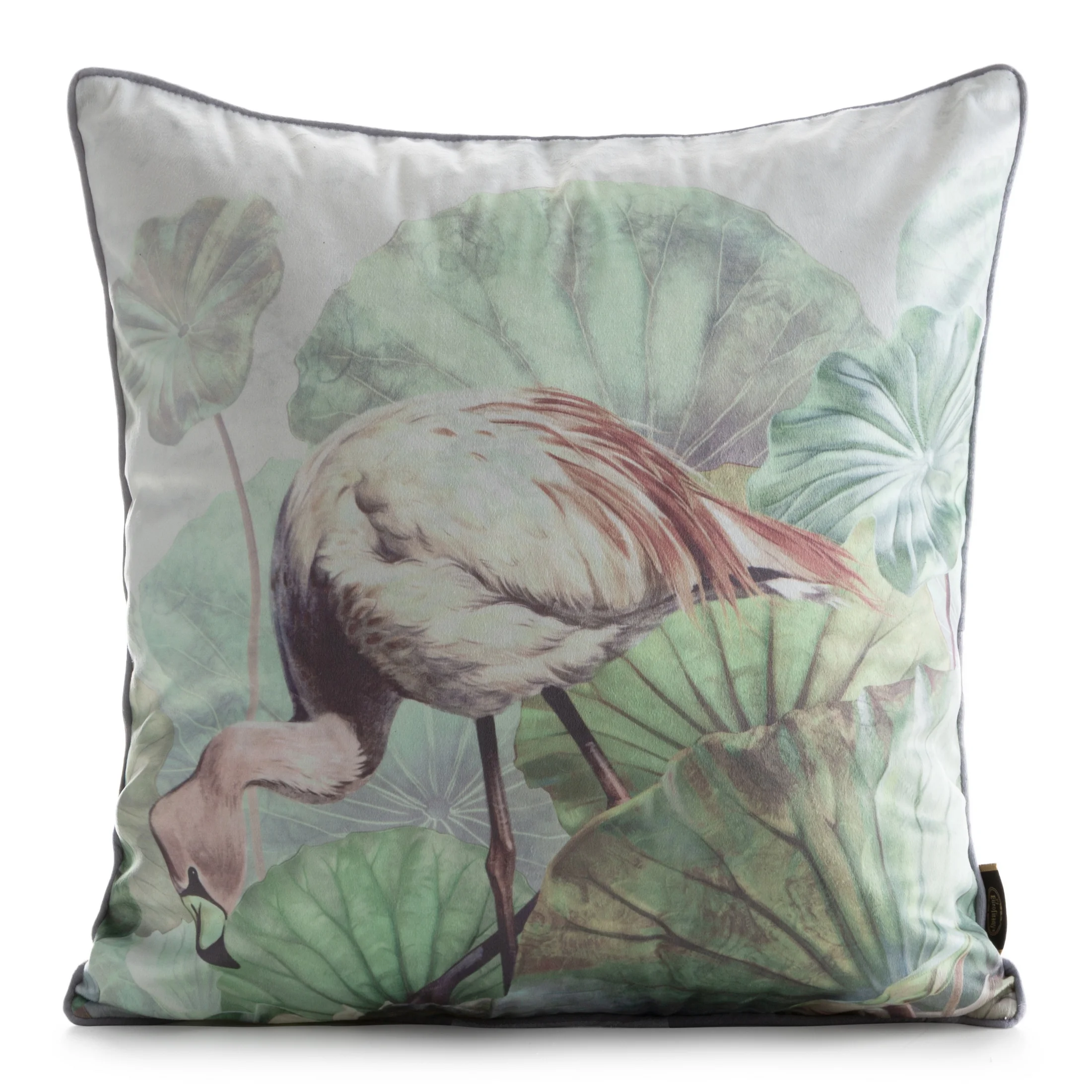 Poszewka na poduszkę 45x45 cm welwetowa, zielono pudrowa zdobiona egzotycznym nadrukiem VELVET 195 Eurofirany Premium