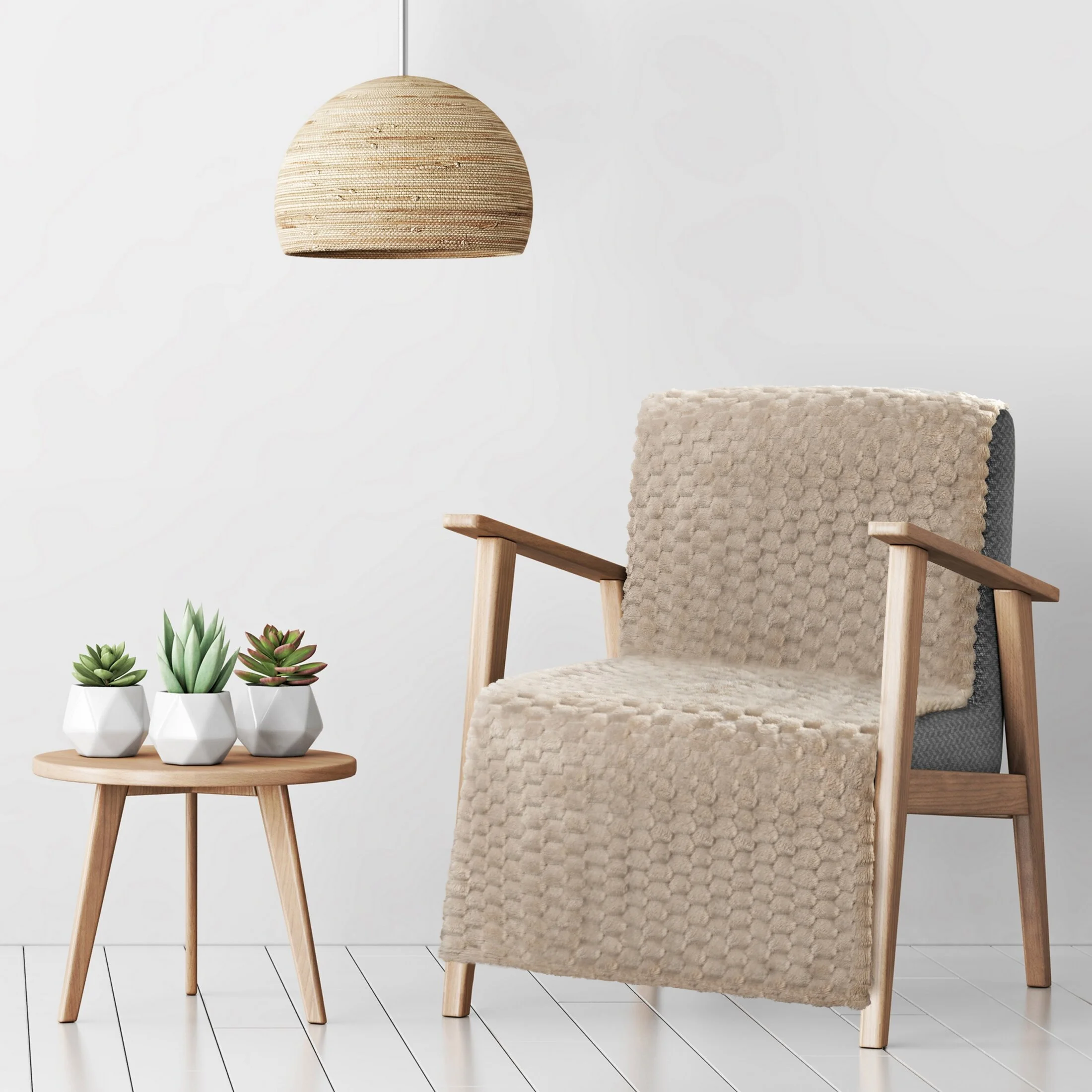 Narzuta na fotel-koc 70x160 cm beżowa miękka i miła w dotyku z wytłaczanym wzorem jodełki CINDY 5 Design 91 | 