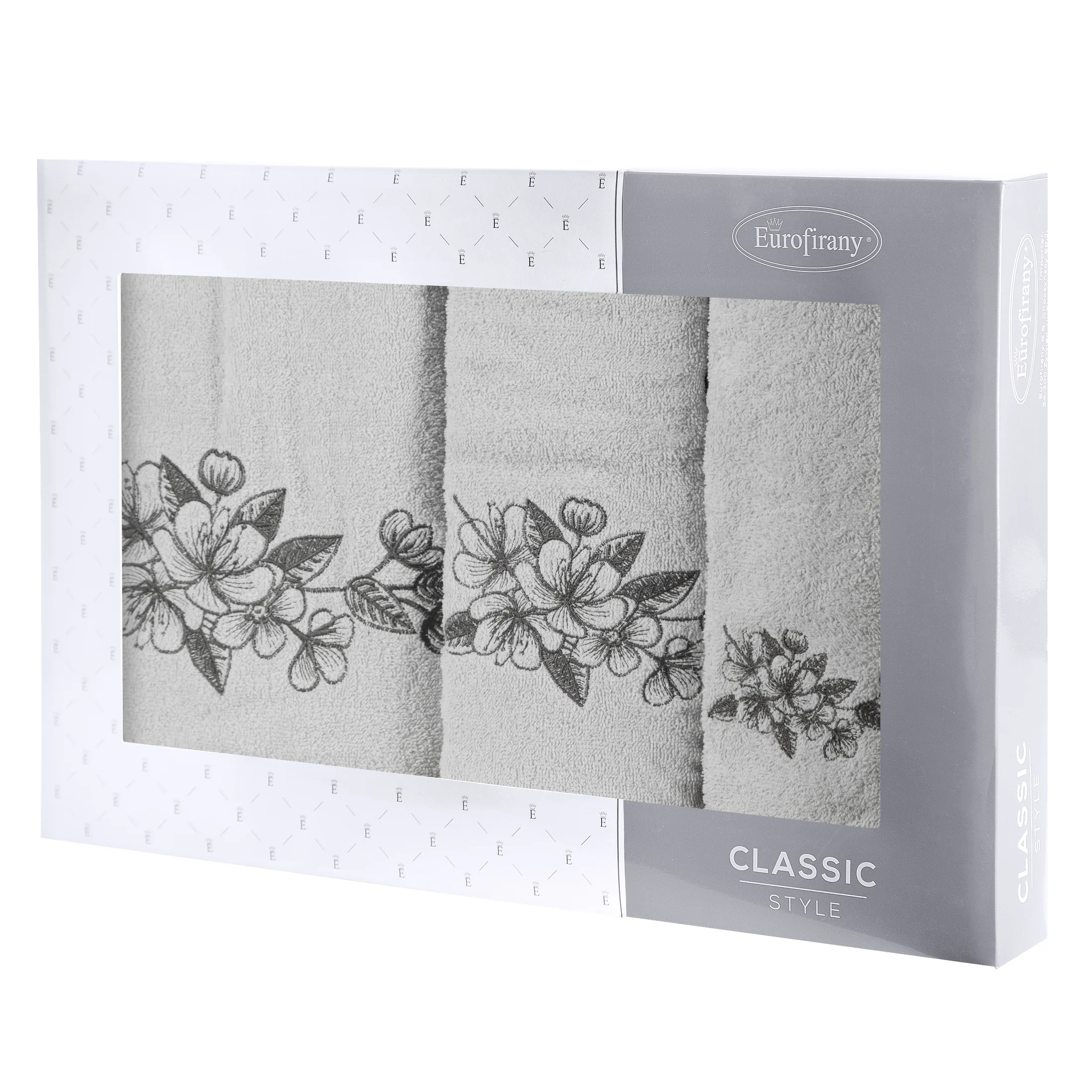 Zestaw ręczników bawełnianych na prezent 3 szt kolor srebrny,stalowy z haftowanym motywem kwiatu wiśni 400 g/m2 SOFIA