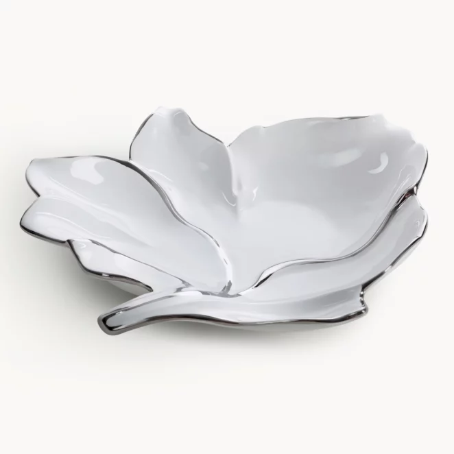 Patera ceramiczna dekoracyjna biało-srebrna w kształcie liścia 35x33x7 cm NERIS 01