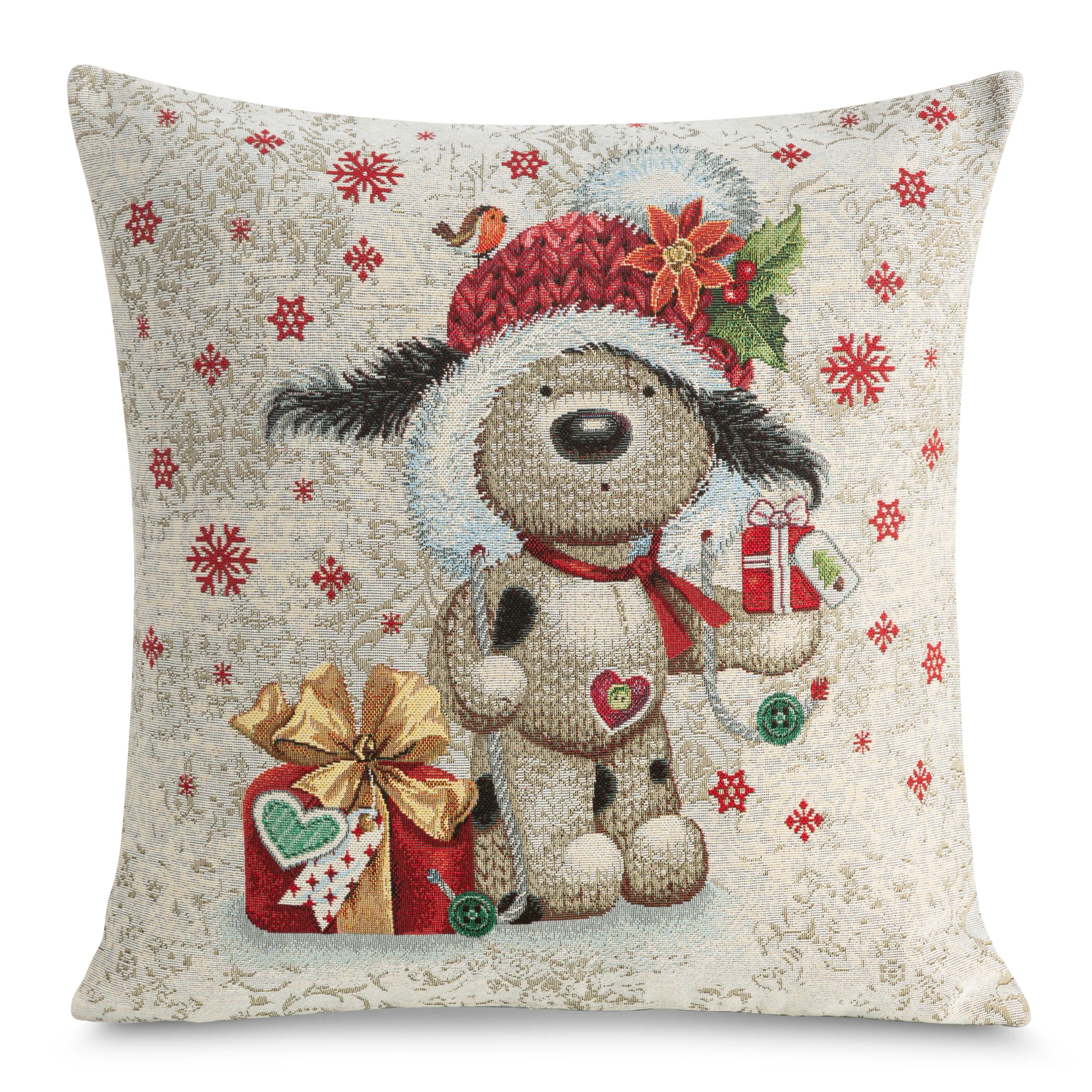 Poszewka na poduszkę 45x45 cm bawełniana, gobelinowa naturalno, czerwona z motywem misia GOB | eurofirany