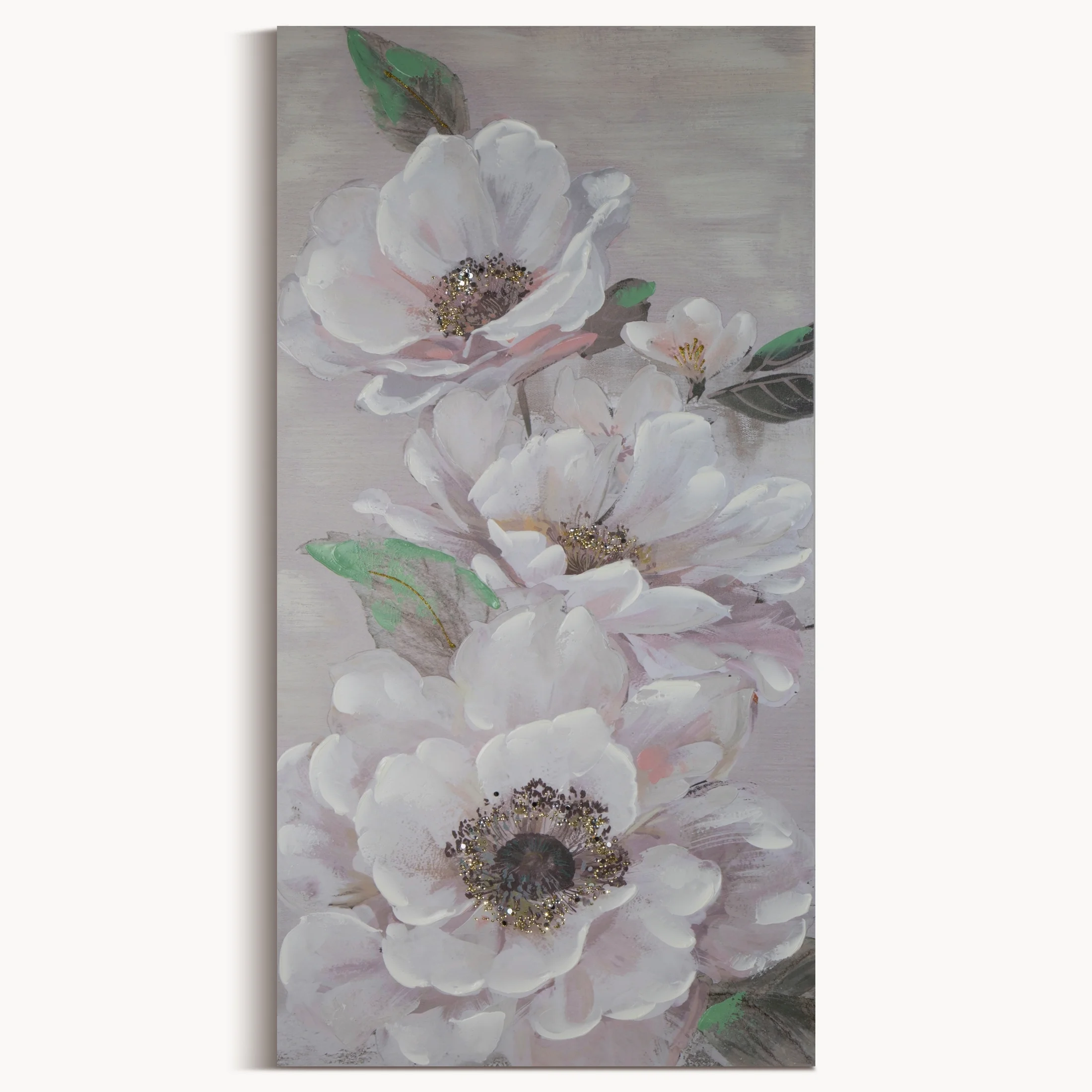 Obraz roślinny beżowo, zielony ręcznie malowany na płótnie 60x120 cm FLOWERY | eurofirany