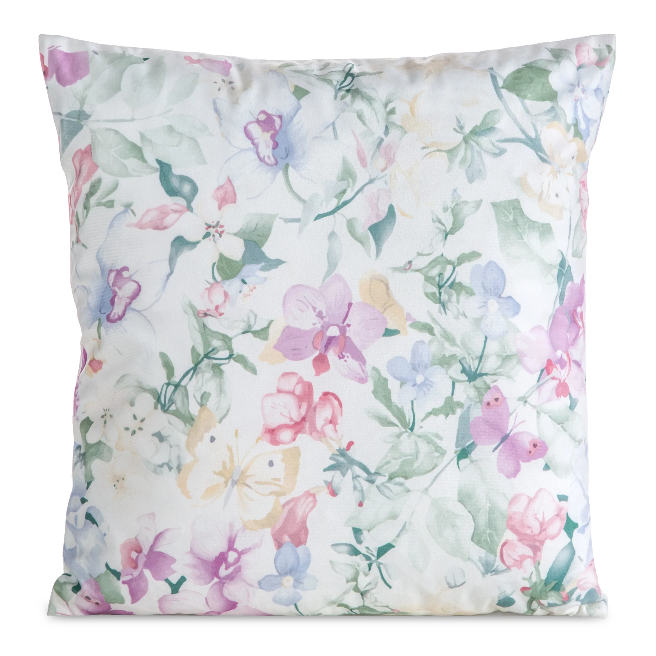 Poszewka na poduszkę 45x45 cm welwetowa biało, zielona zdobiona nadrukiem letnich kwiatów MINK | eurofirany