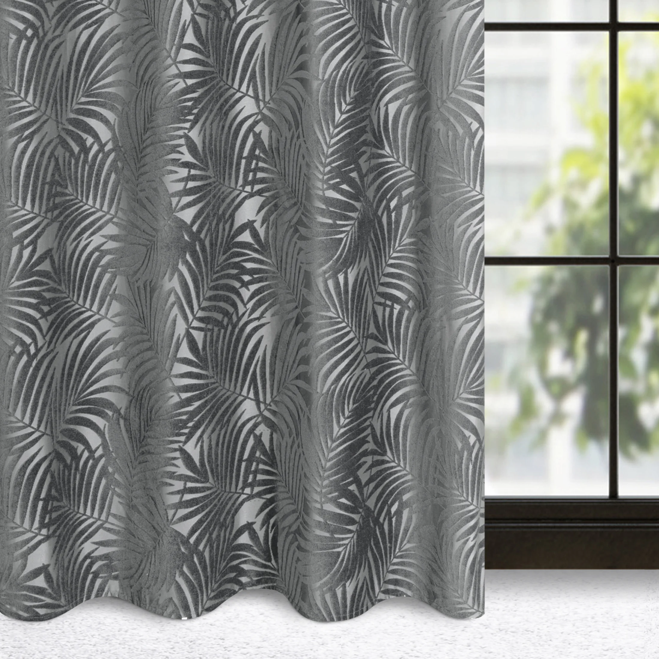 Zasłona welwetowa stalowa z trójwymiarowym wzorem liści 140x250 cm przelotka - LIVIA | eurofirany