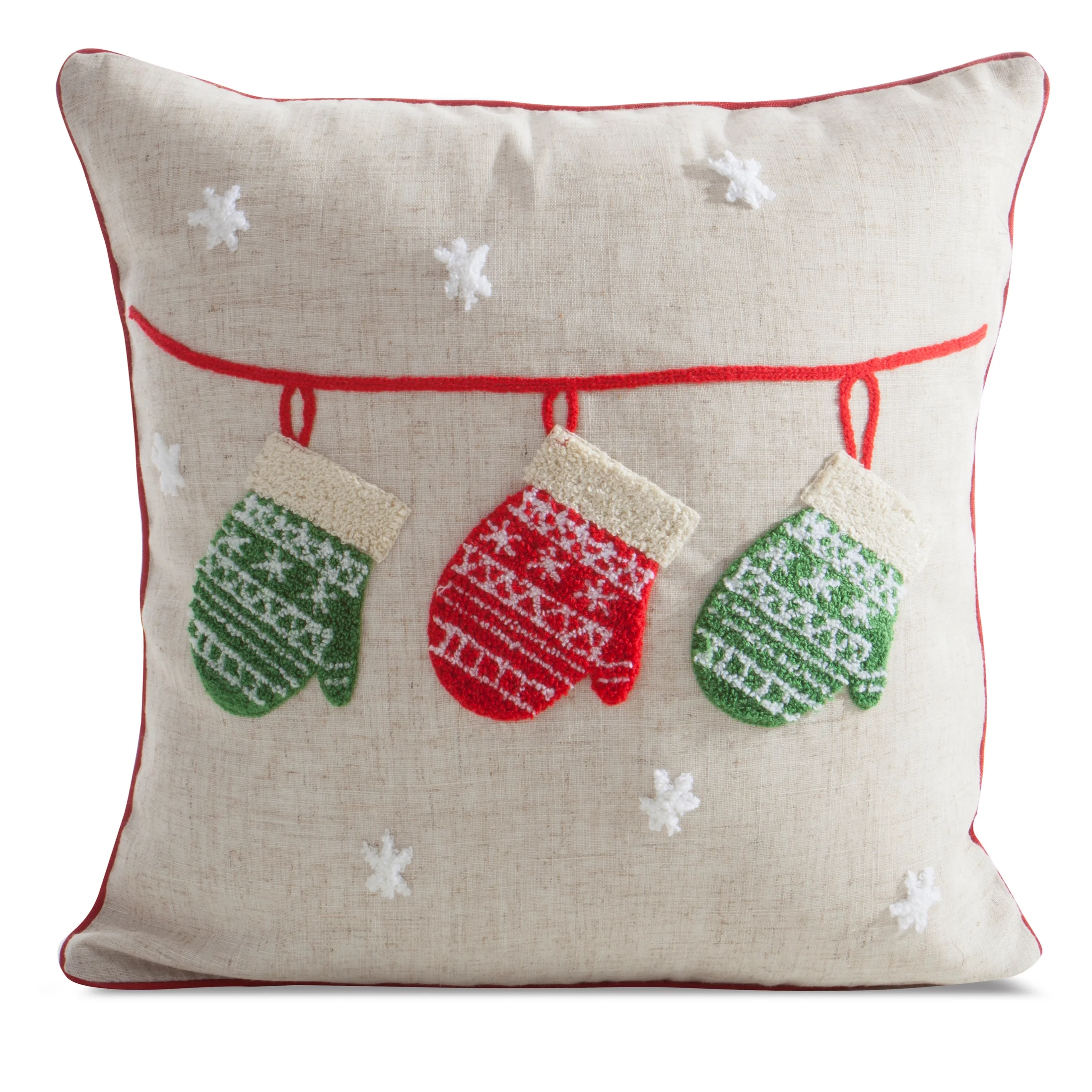 Poszewka na poduszkę świąteczna 45x45 cm o strukturze lnu beżowo, czerwona zdobiona uroczą aplikacją | eurofirany