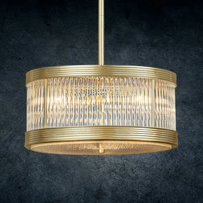 Lampa wisząca do pokoju transparentno, złota  zdobiona szklanymi akcentami 40 x 109 cm KYLA