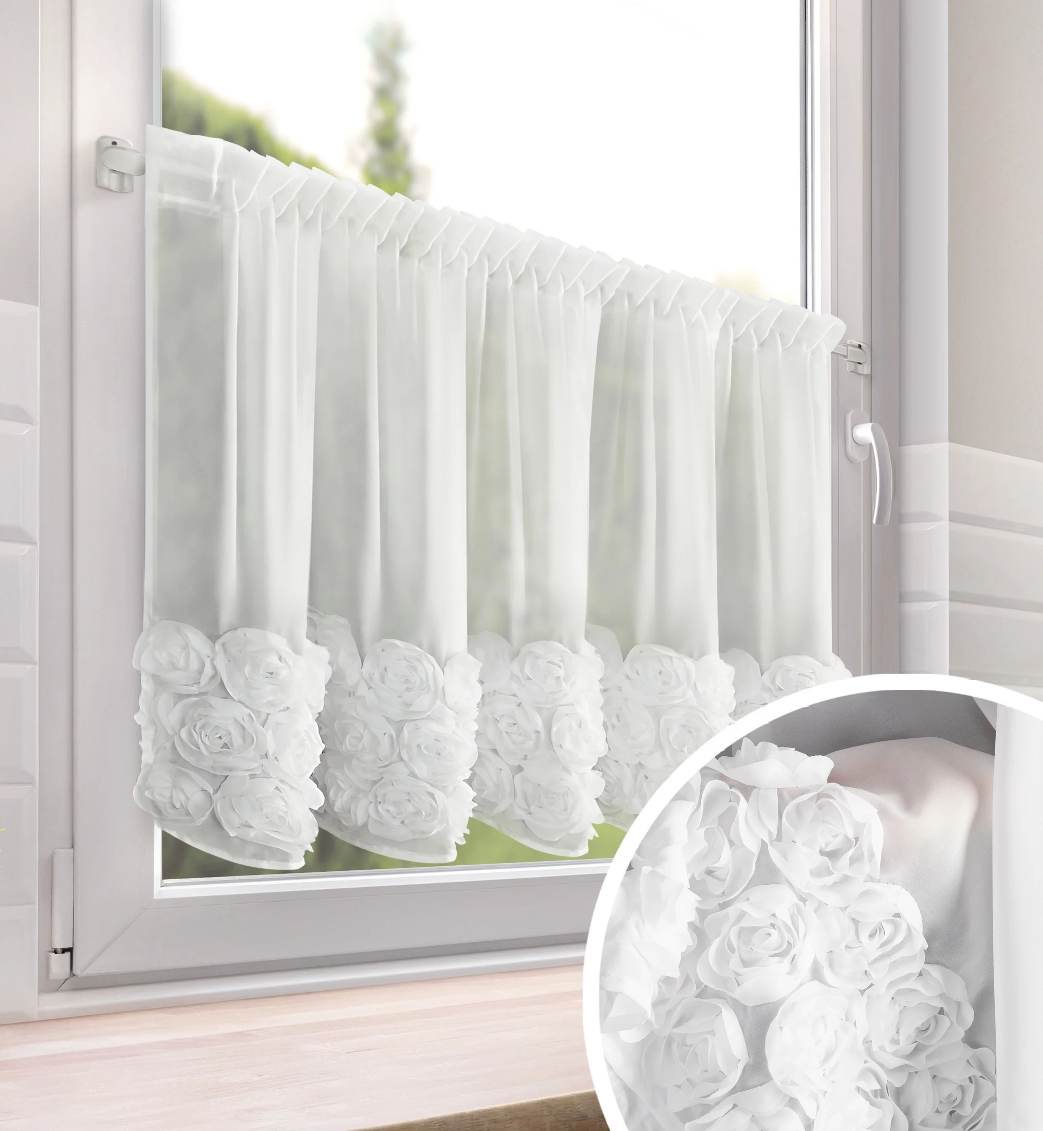 Zazdrostka biała z szyfonu zdobiona różami 3D 70x150 cm taśma - ROSES11 Eva Minge