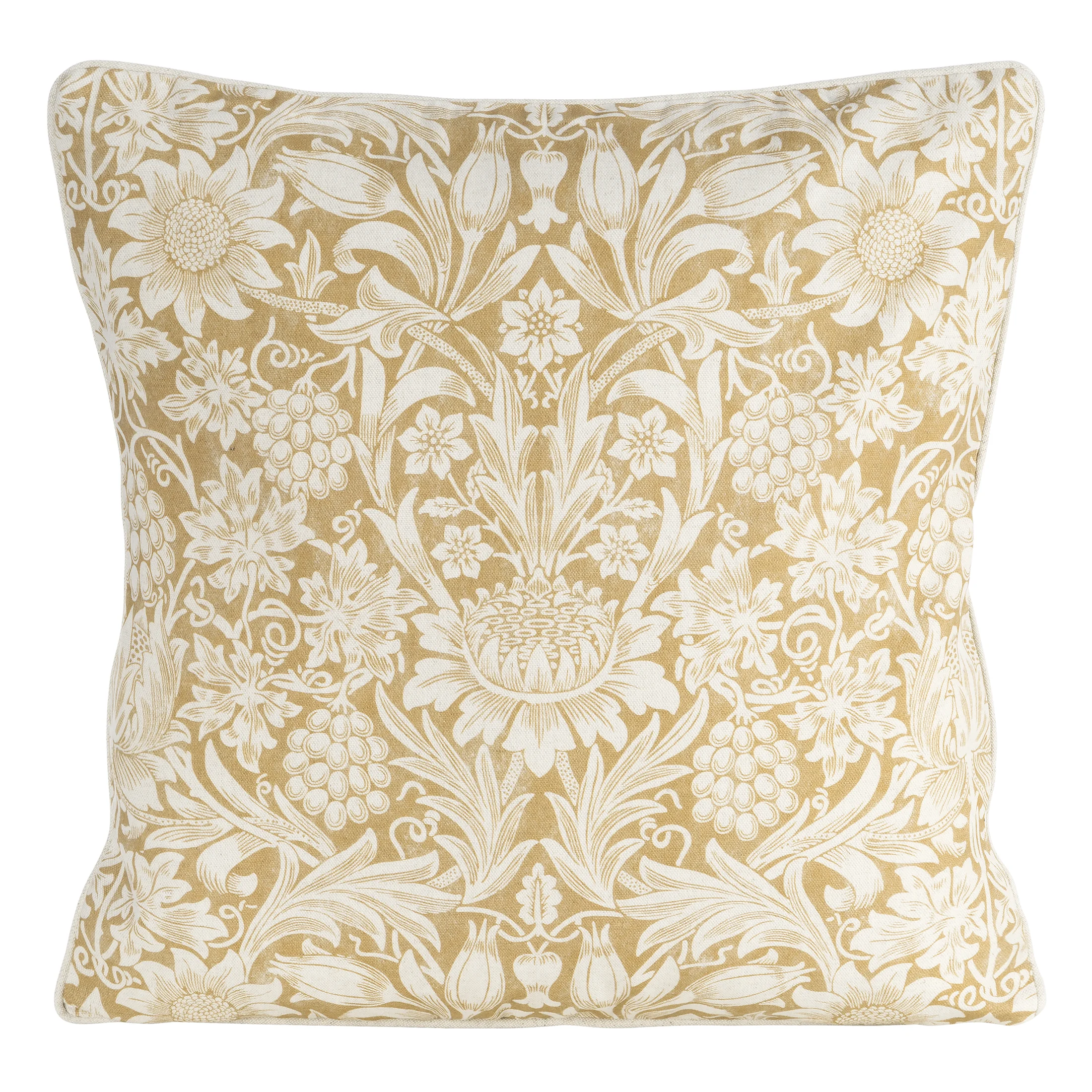 Poszewka na poduszkę 50x50 cm bawełniana z dodatkiem lnu żółto, kremowa zdobiona nadrukiem roślinnym LEN | eurofirany