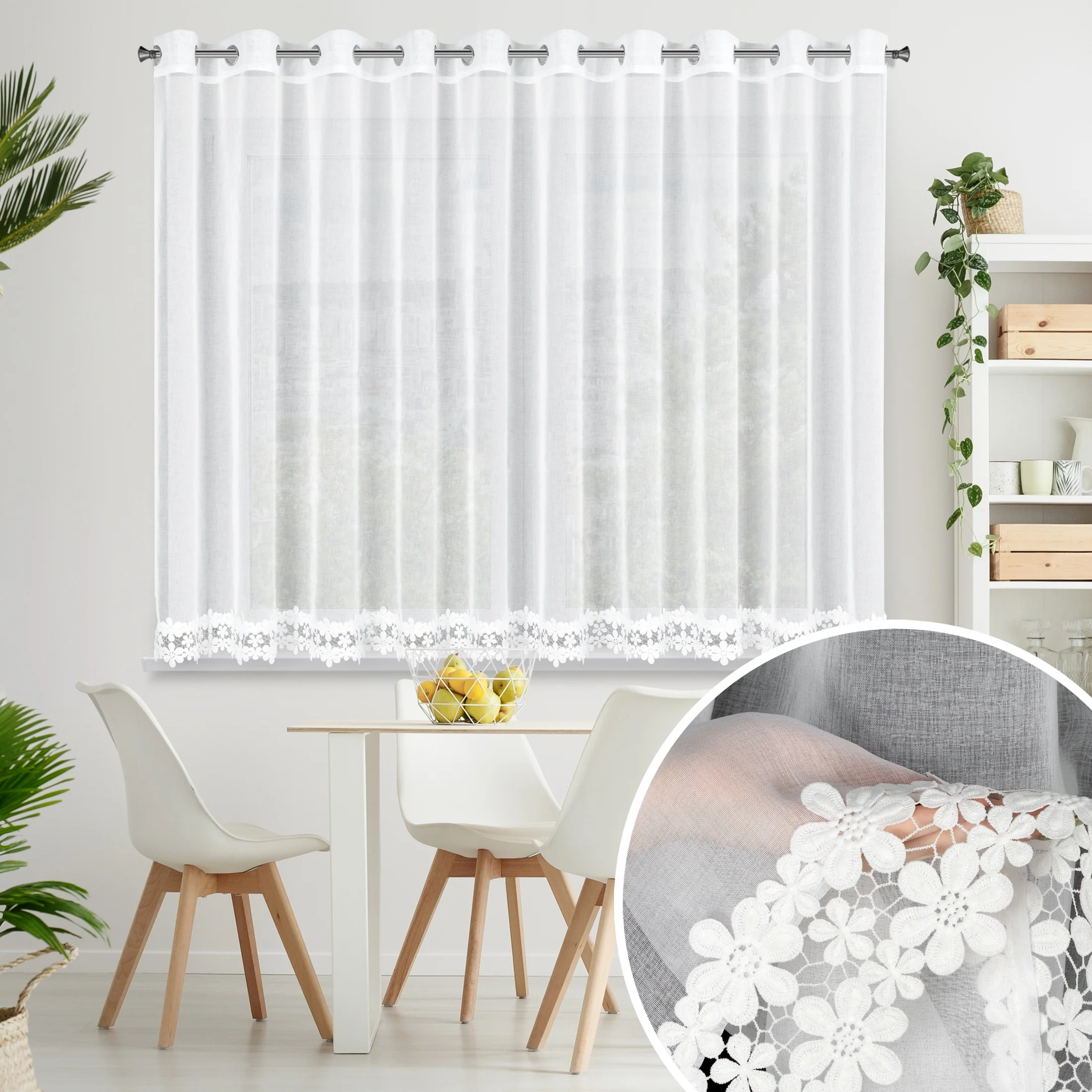 Firana biała z etaminy zdobiona aplikacją 350x145 cm przelotki KAJA | eurofirany