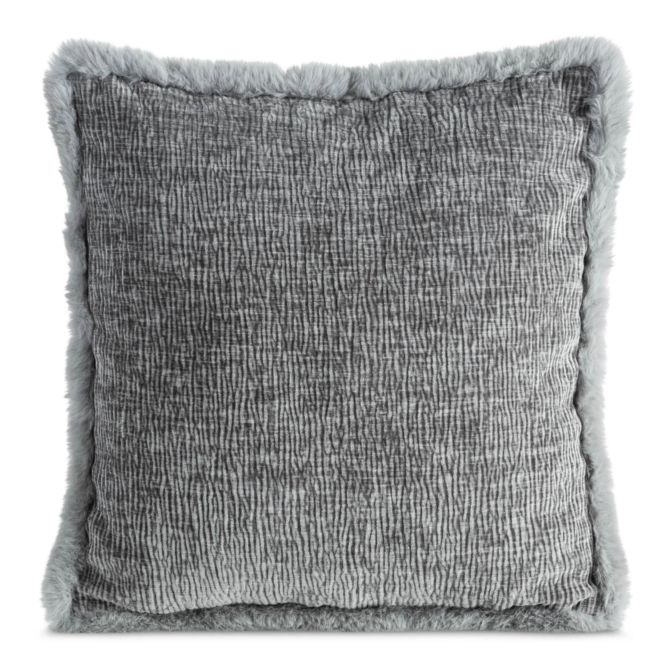 Poszewka na poduszkę 45x45 cm stalowa szenilowa zdobiona futerkiem na brzegach BLANCA 03 | eurofirany