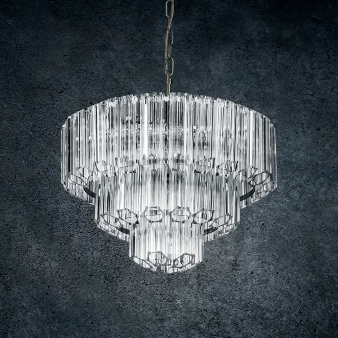 Lampa wisząca do salonu transparentna, srebrna ze szklanymi elegackimi zawieszkami, możliwość regulacji wysokości 43 x 150 cm DANA