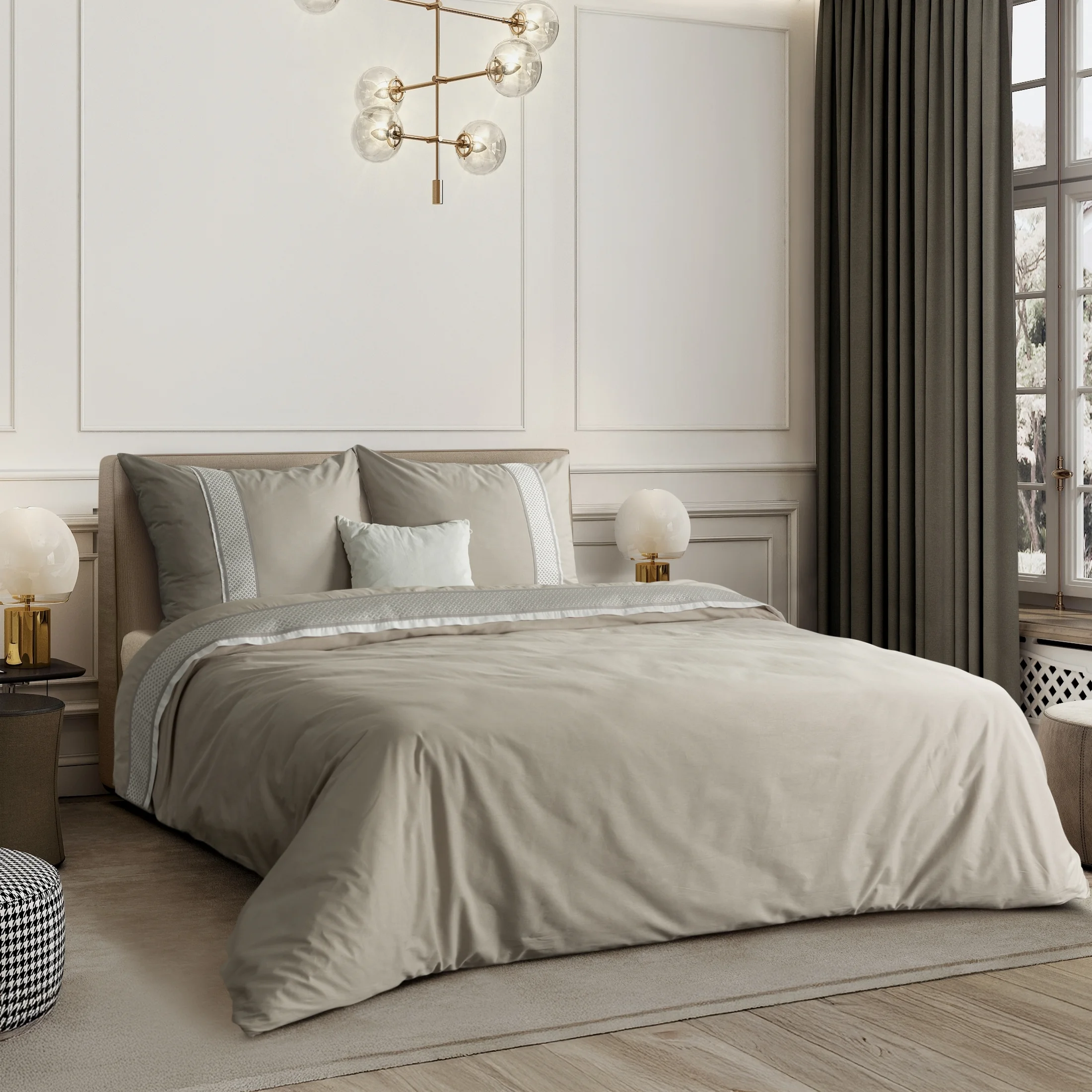 Pościel 160x200 cm z bawełny ranforce kolor szary, biały zdobiona aplikacją z haftem REINA 39 | eurofirany