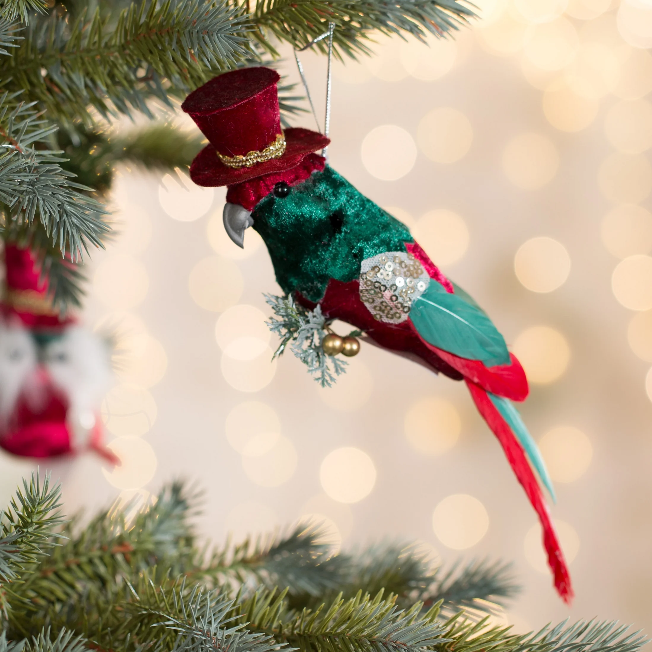 Ozdoba choinkowa PTAK z welwetu w kapeluszu | 