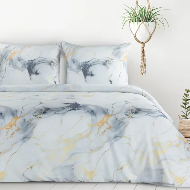 Pościel 140x200 cm komplet 2 częściowy kolor biały, stalowy z motywem marmurku VERANO 12 Design 91