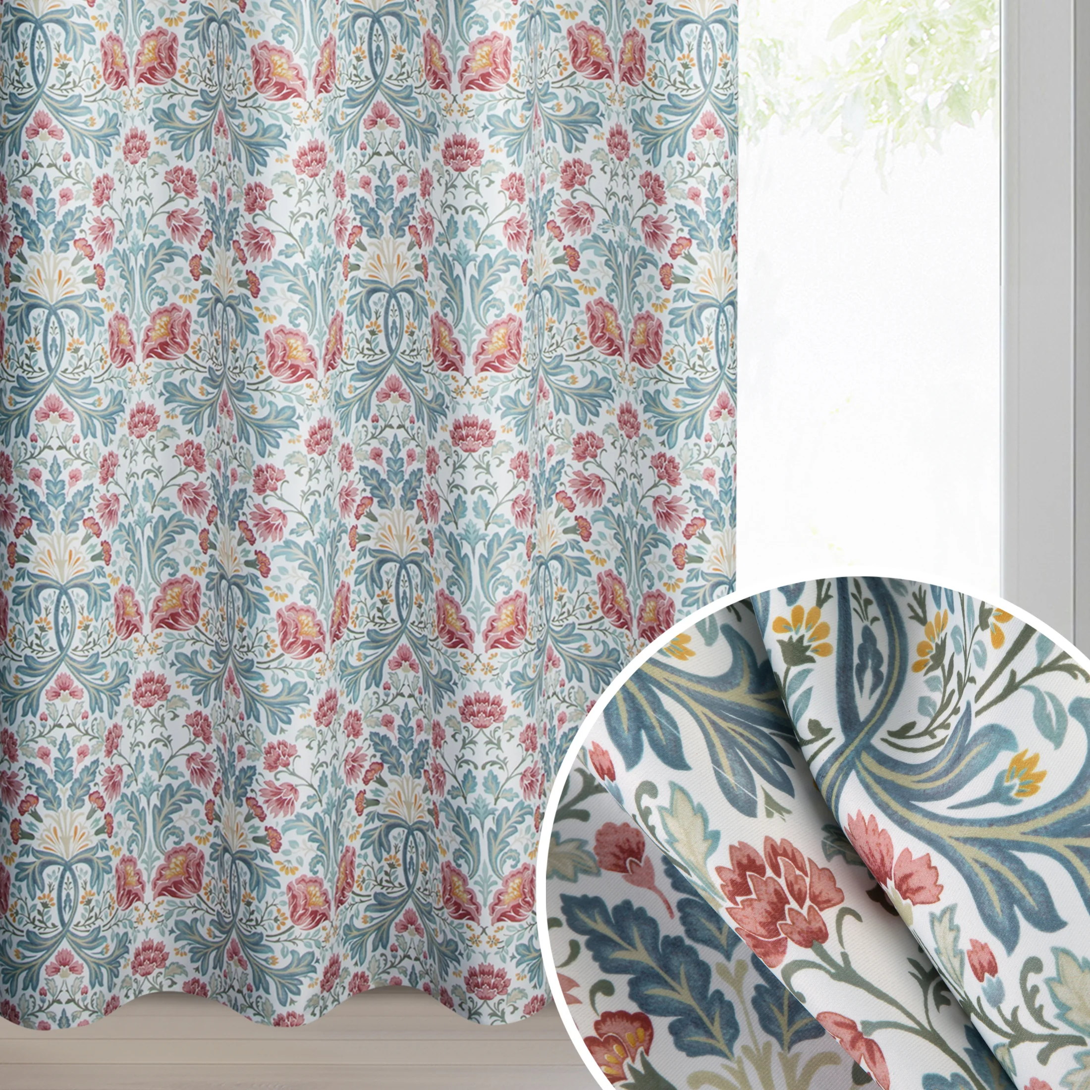 Zasłona biało, bordowa z tkaniny zaciemniającej zdobiona nadrukiem roślinnym 135x250 cm przelotki - ASHLEY | eurofirany