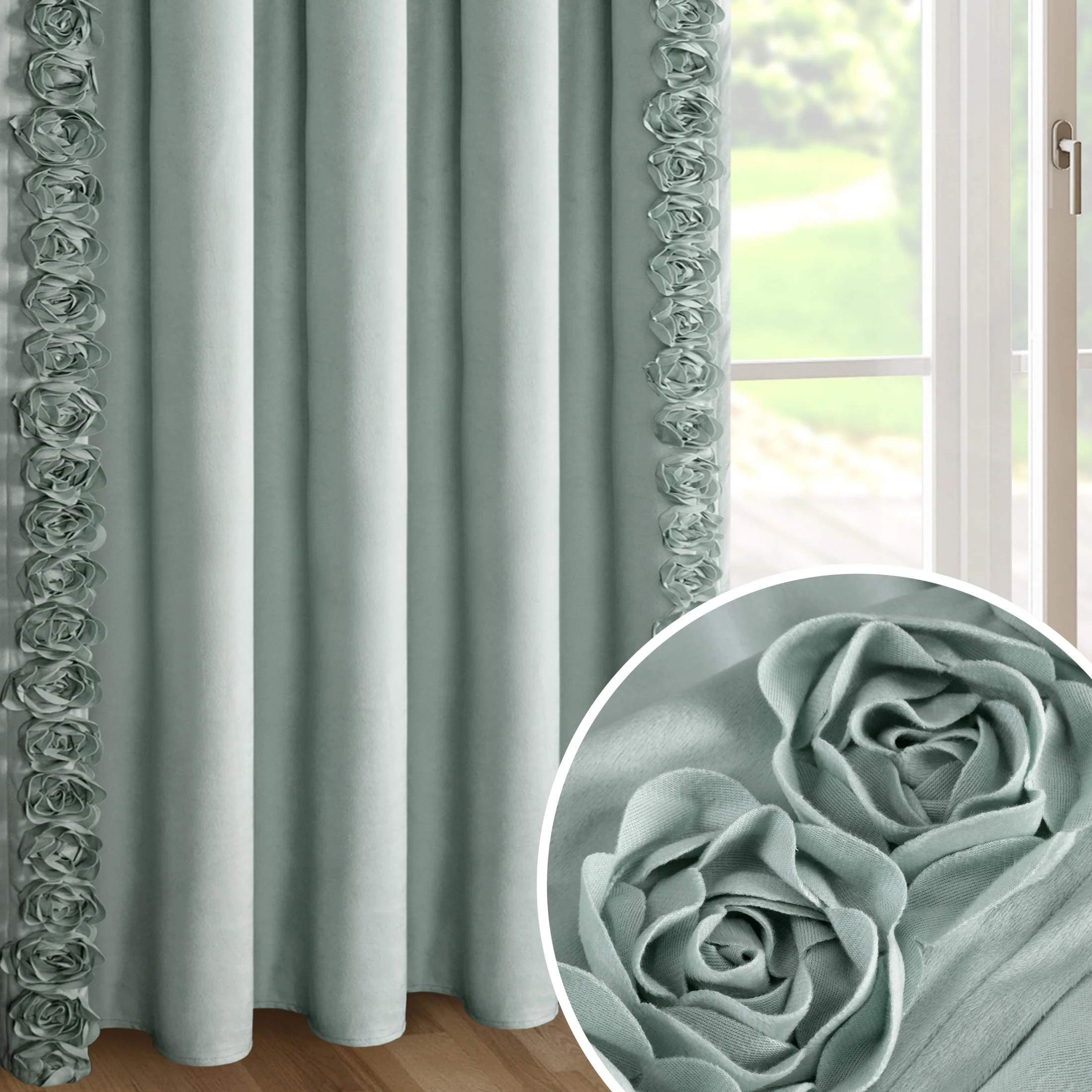 Zasłona miętowa z welwetu zdobiona aplikacją 3D róż 140x270 cm taśma - ROSES Eva Minge | eurofirany