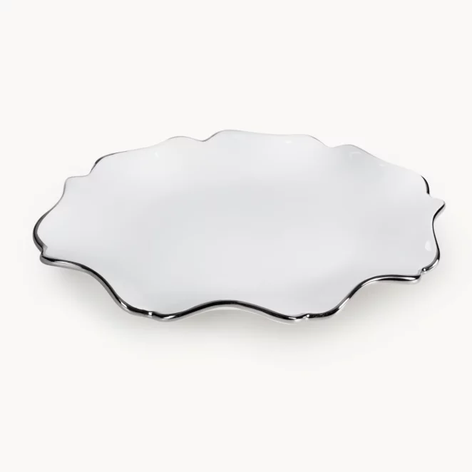Patera ceramiczna dekoracyjna biało-srebrna z falującymi brzegami 25x18x3 cm AUREN 2