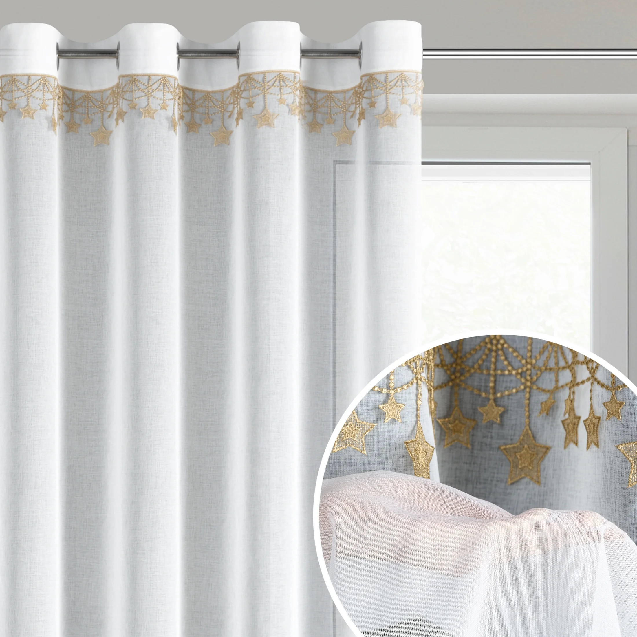 Firana świąteczna biało, złota z etaminy zdobiona aplikacją z motywem gwiazdek 140x250 cm przelotki - XMAS | eurofirany